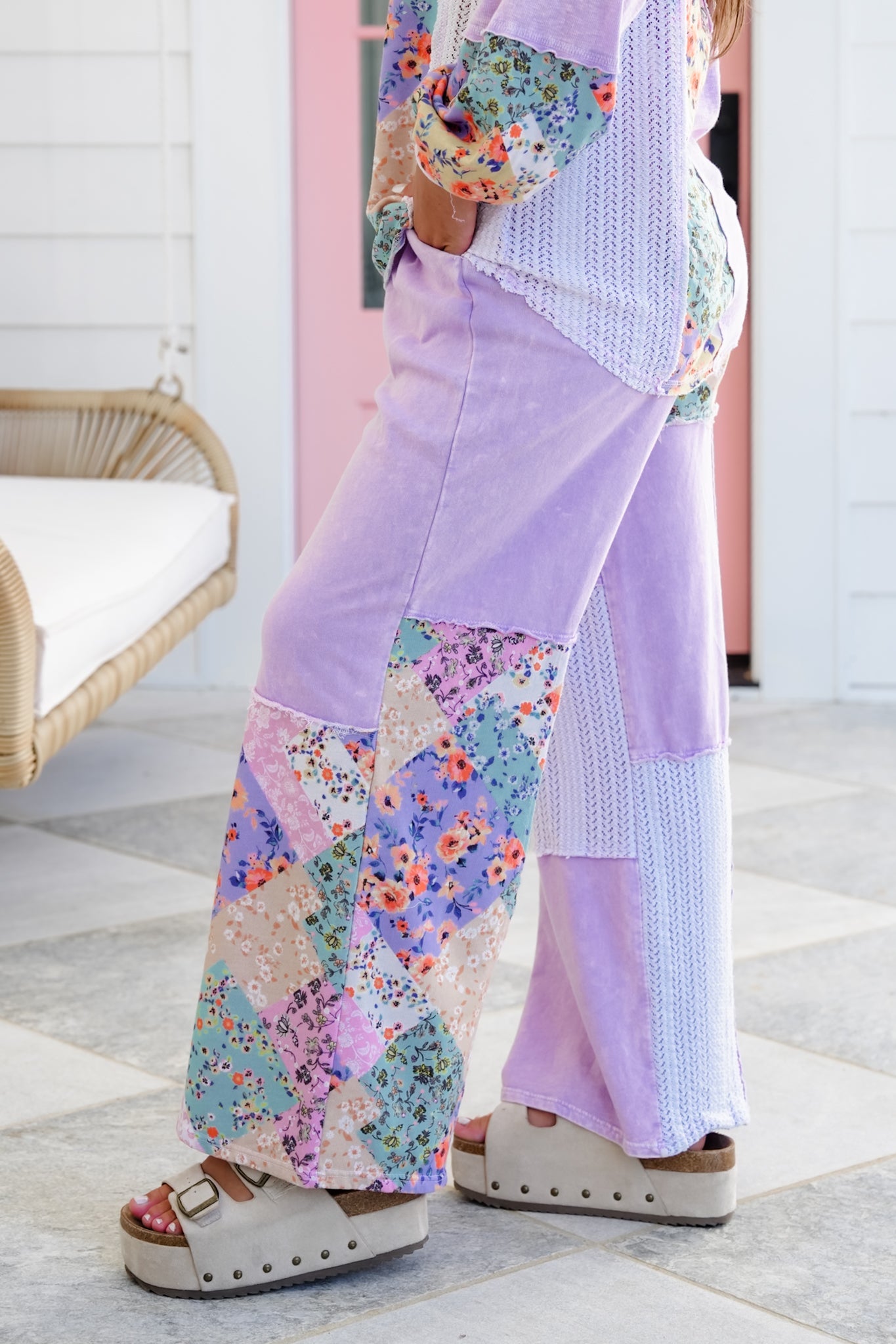Color Block Floral Elastic Waist Wide Leg Knit Pants with Side Pockets