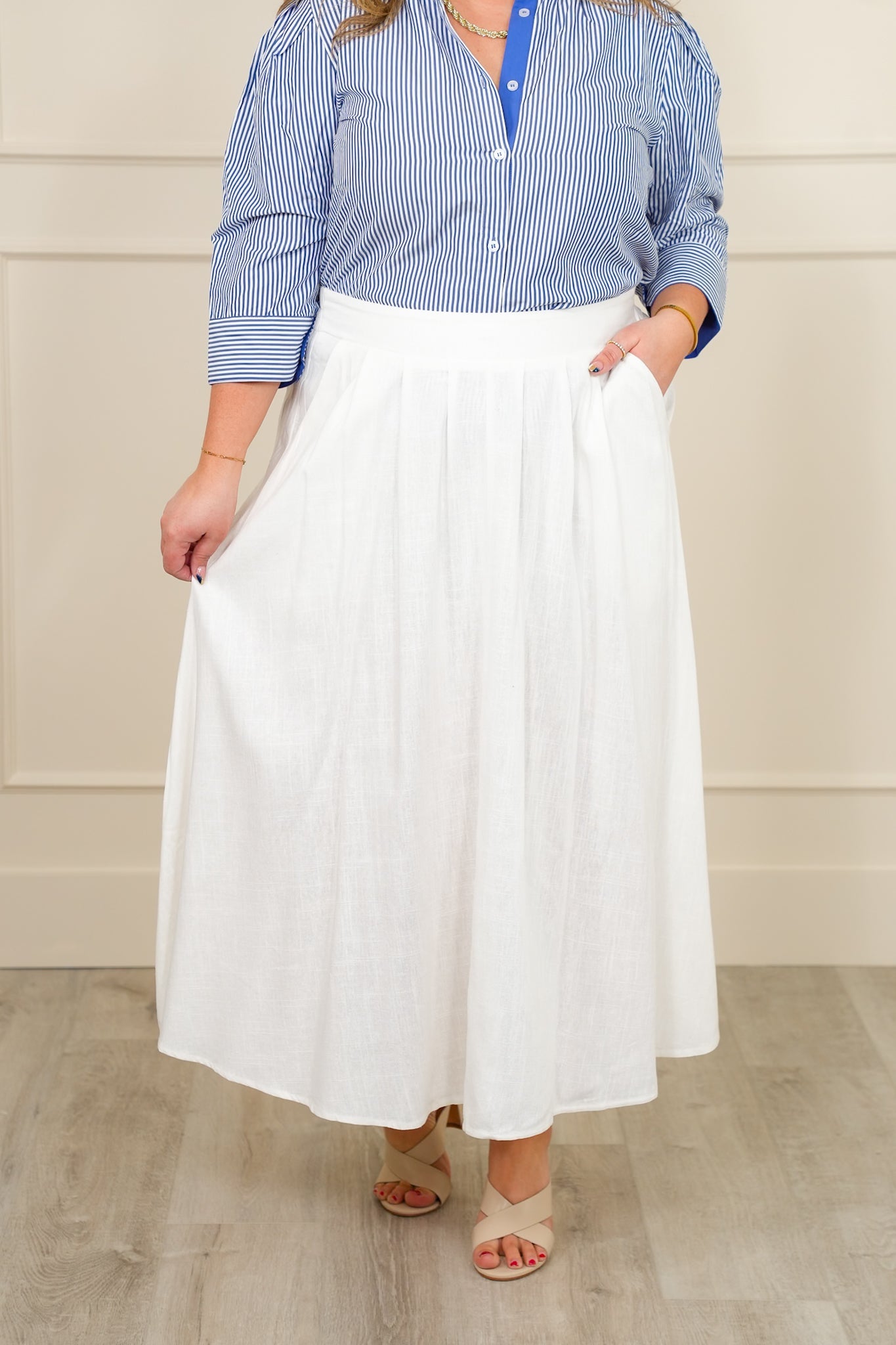 White Front Pleated Midi Skirt with Side Pockets