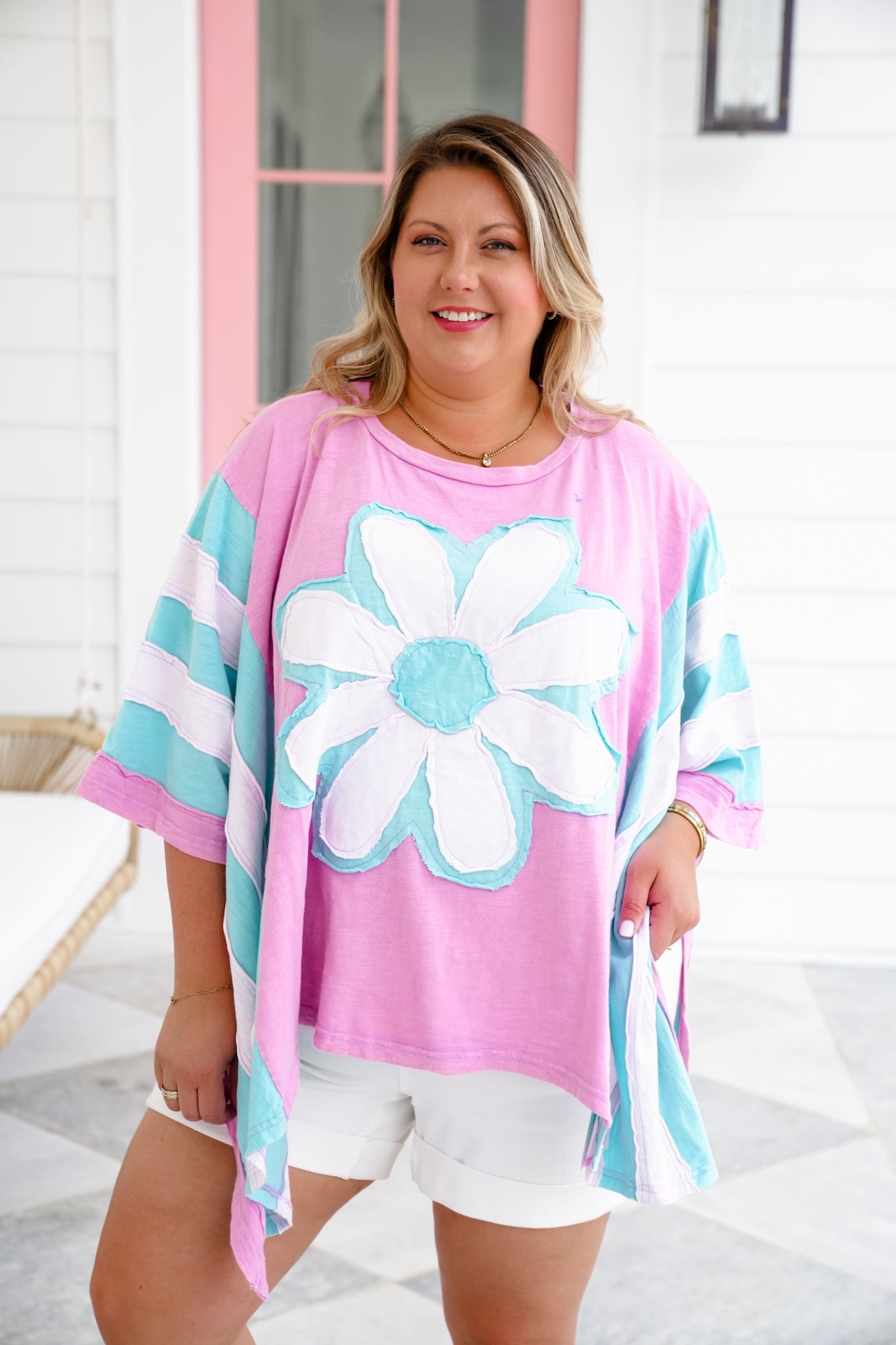 Color Block Flower Patch Long Sleeve Poncho Top