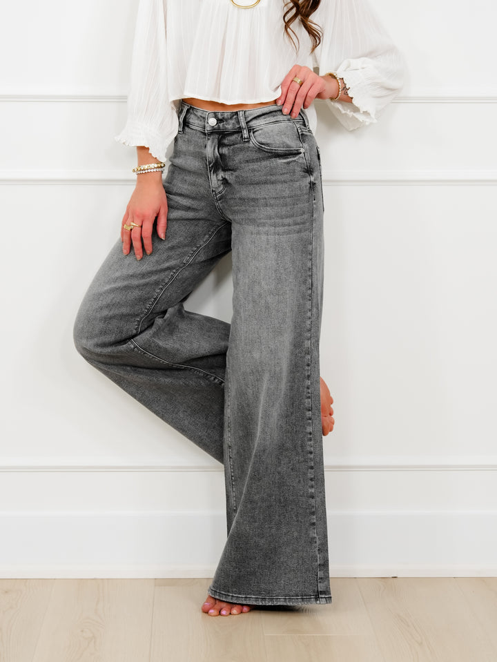 Judy Blue Stormy Days Mid Rise Gray Palazzo Jeans with Split Back Yokes