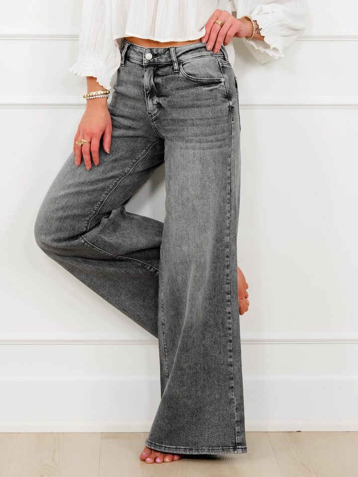 Judy Blue Stormy Days Mid Rise Gray Palazzo Jeans with Split Back Yokes