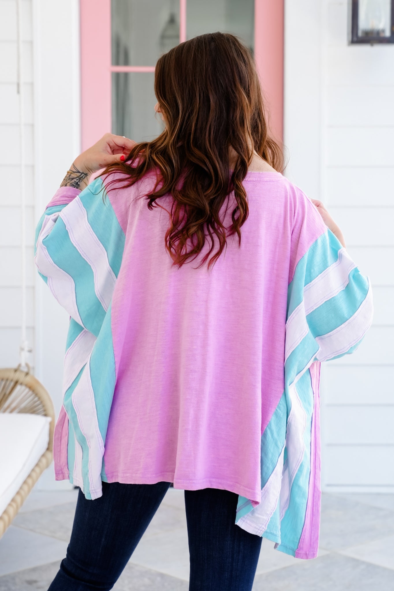 Color Block Flower Patch Long Sleeve Poncho Top