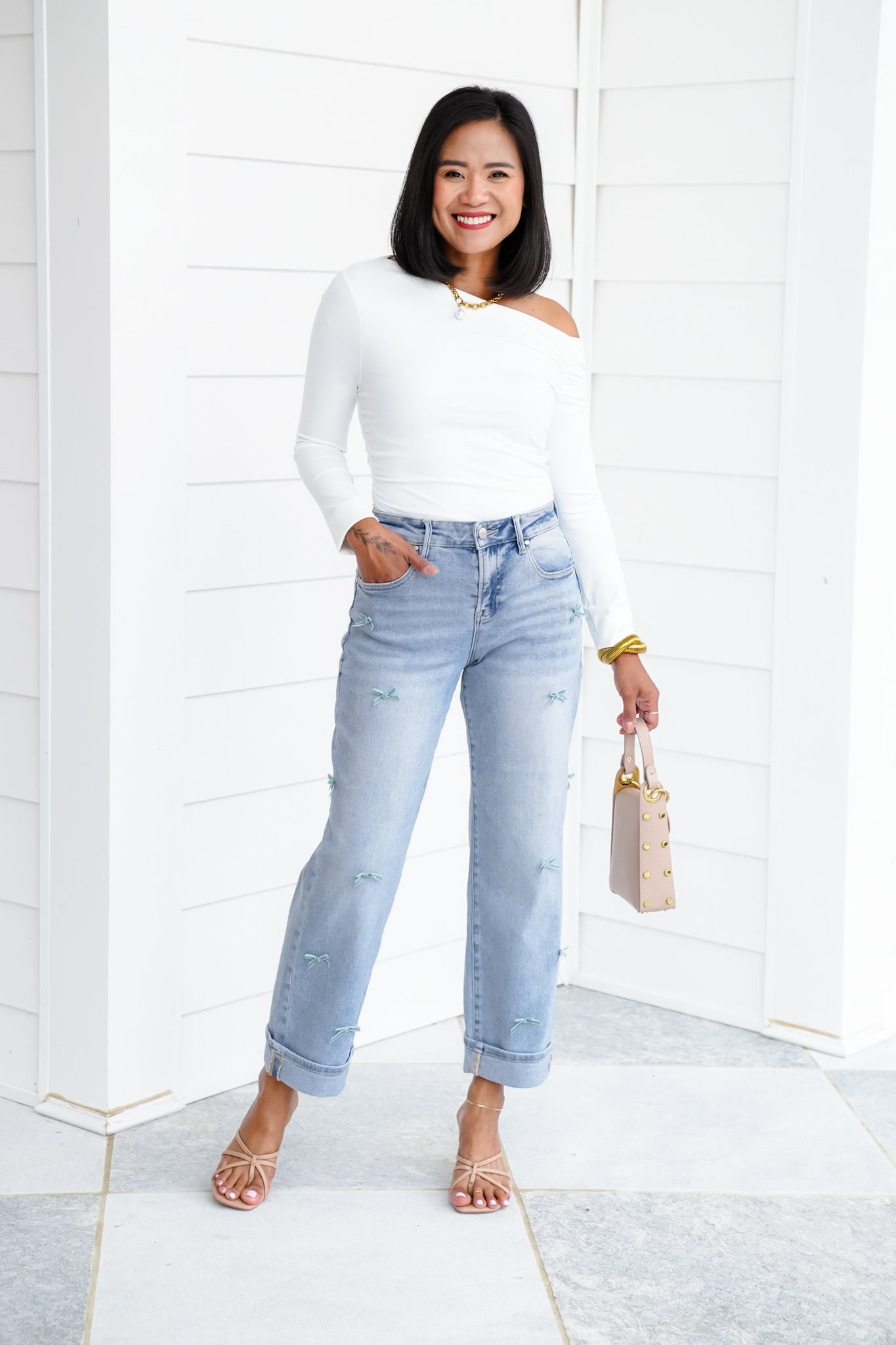 Risen High Rise Light Wash Crop Barrel Jeans with Bow Detail