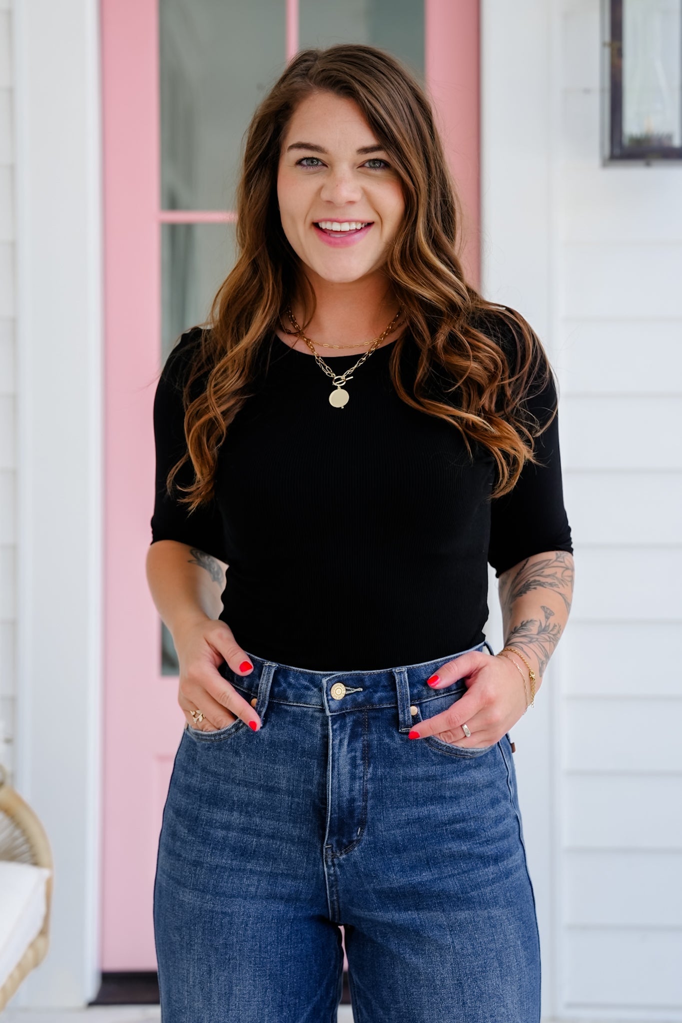 Ribbed Knit 3/4 Sleeve Round Neck top
