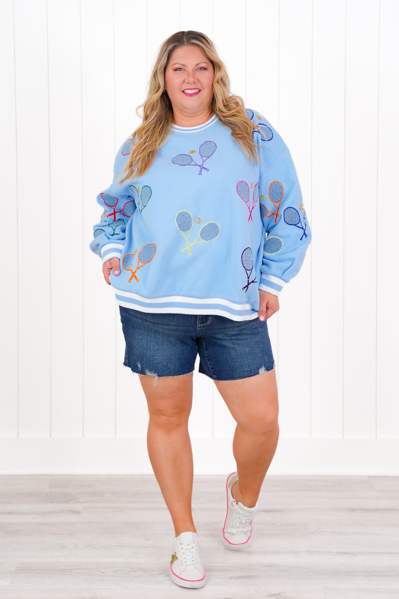 Plus/Reg Queen Of Sparkles Long Sleeve Sweatshirt With Tennis Detail