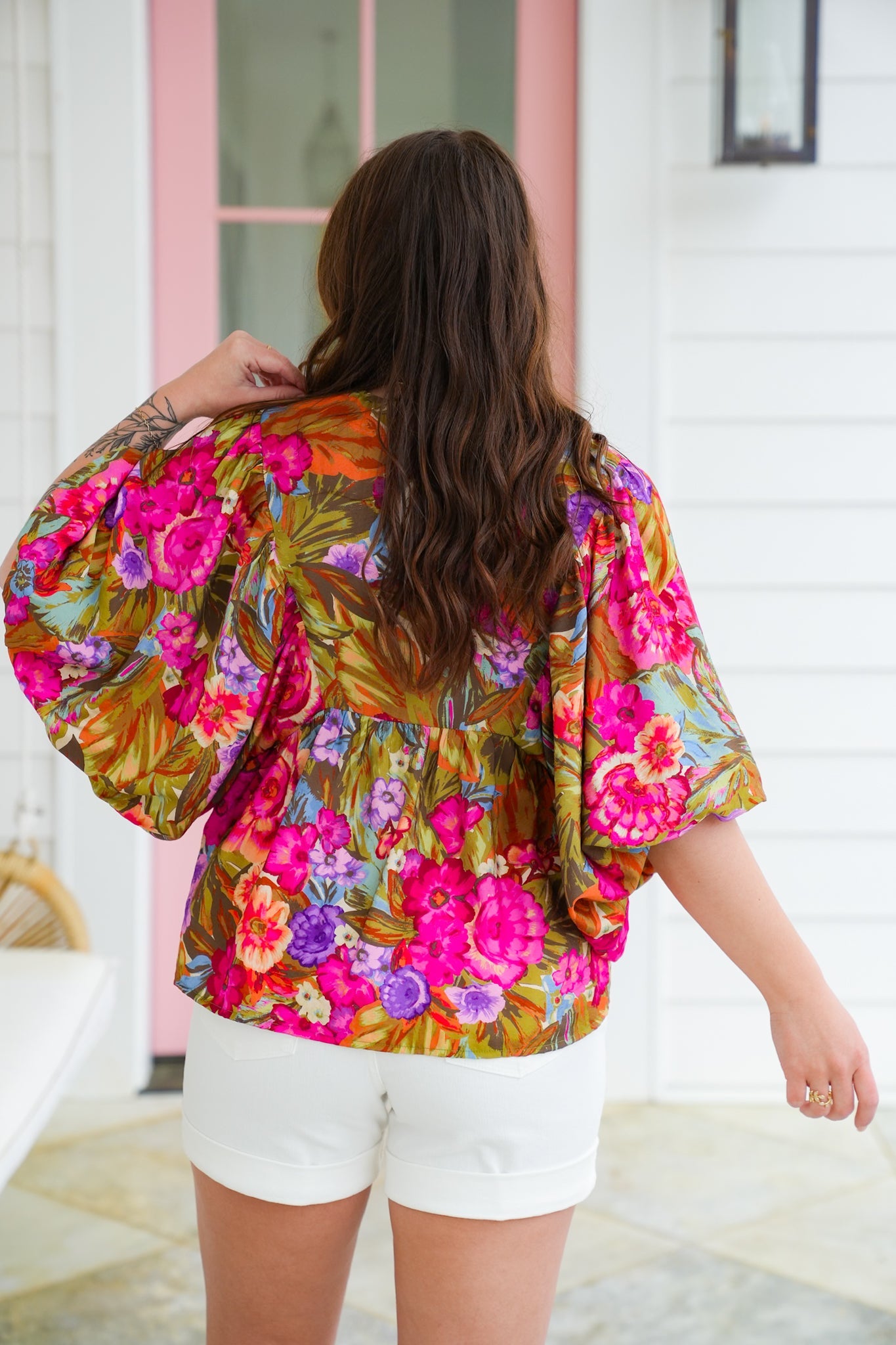 Plus/Reg Tropical Floral Print Dolman Sleeve V Neck Top