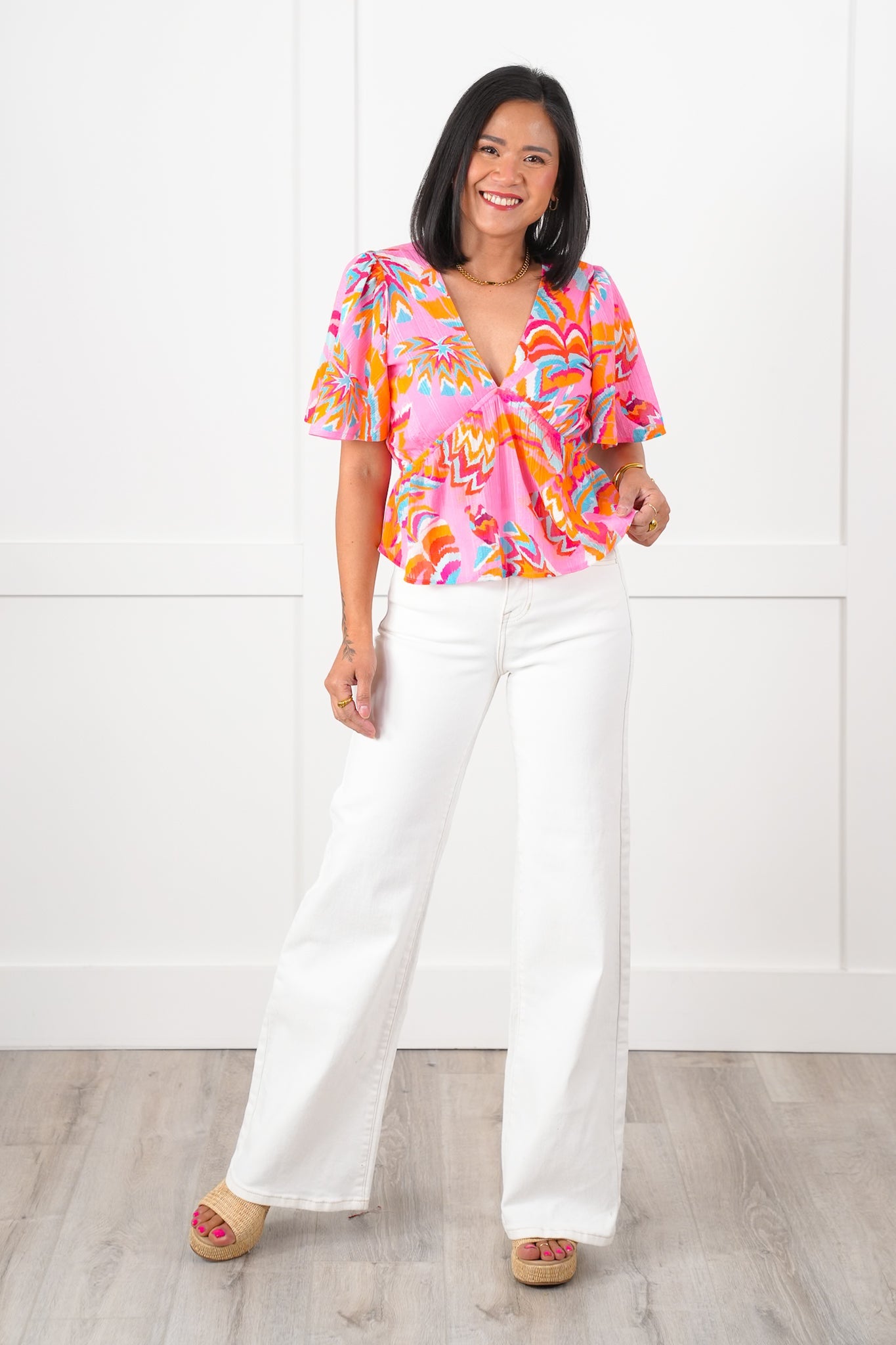 Multi Color Print Short Sleeve V Neck Flutter Top