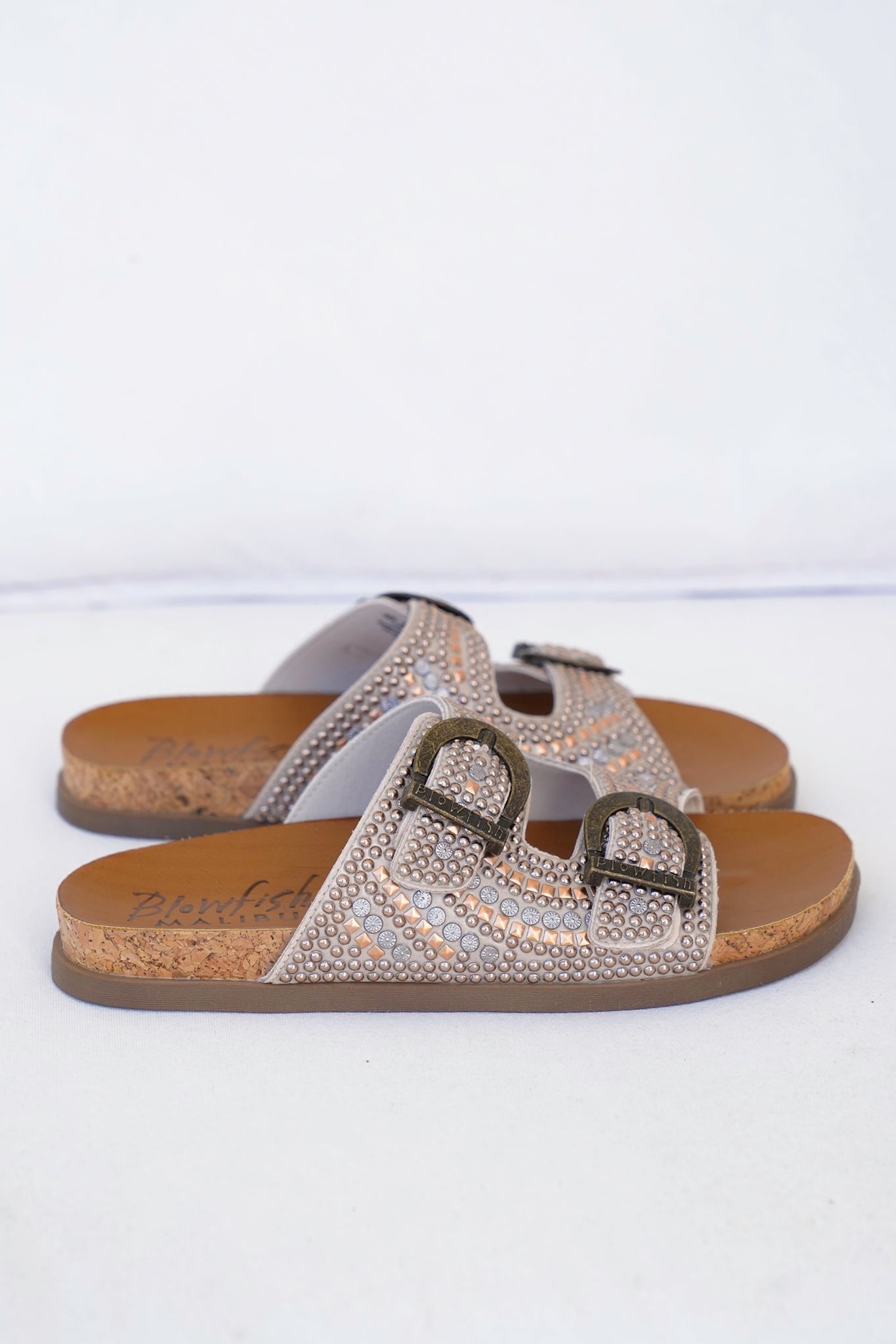 Blowfish Studded Cork Slide Sandals with Adjustable Buckle Detail