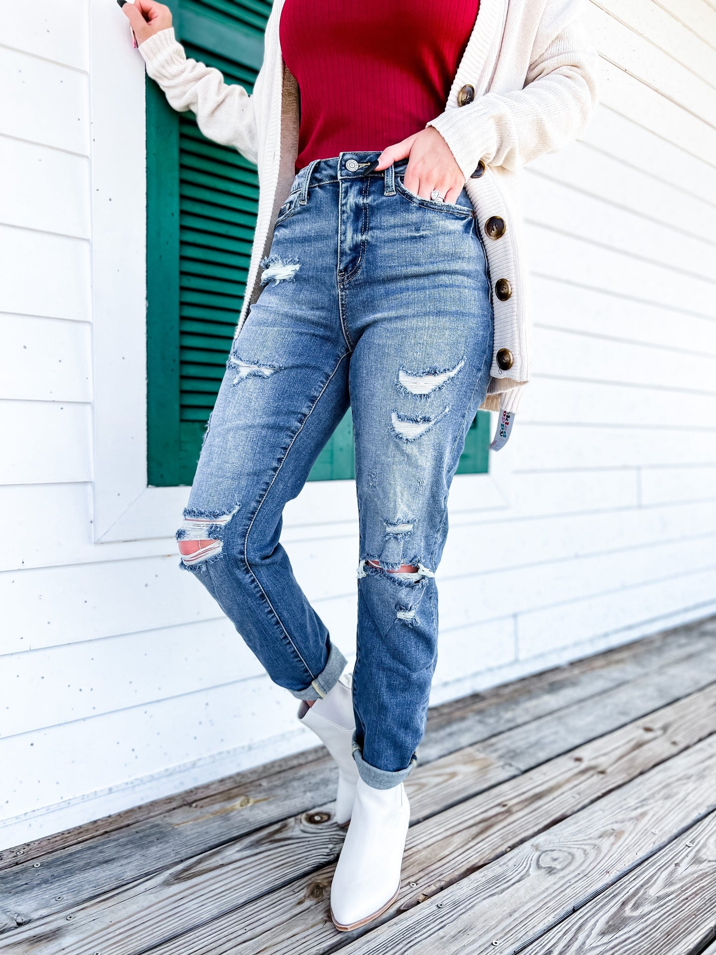 Judy Blue Boy Toy Light Wash High Rise Cuffed Boyfriend Distressed Jeans