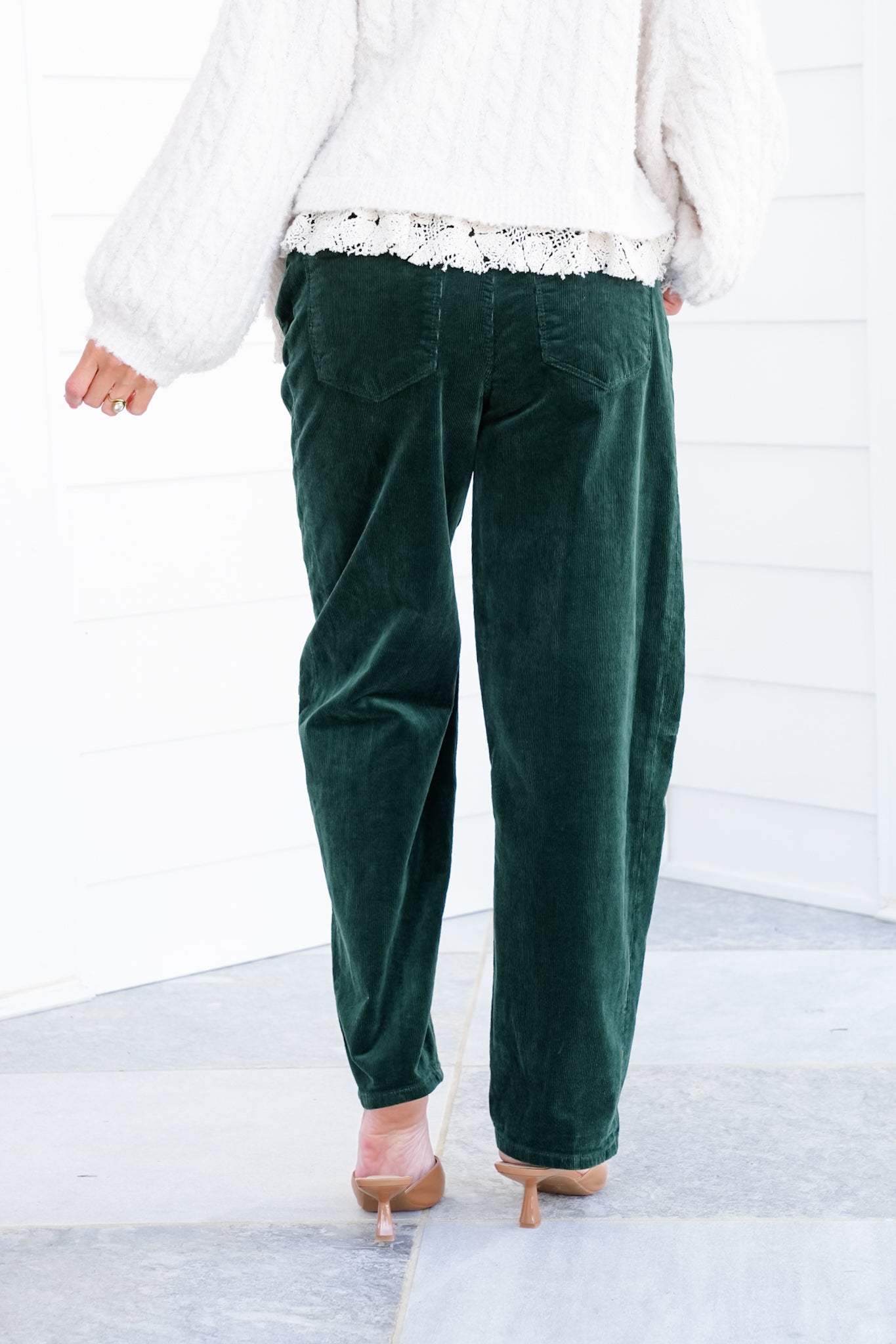 Risen High Rise Green Cuffed Corduroy Barrel Pants