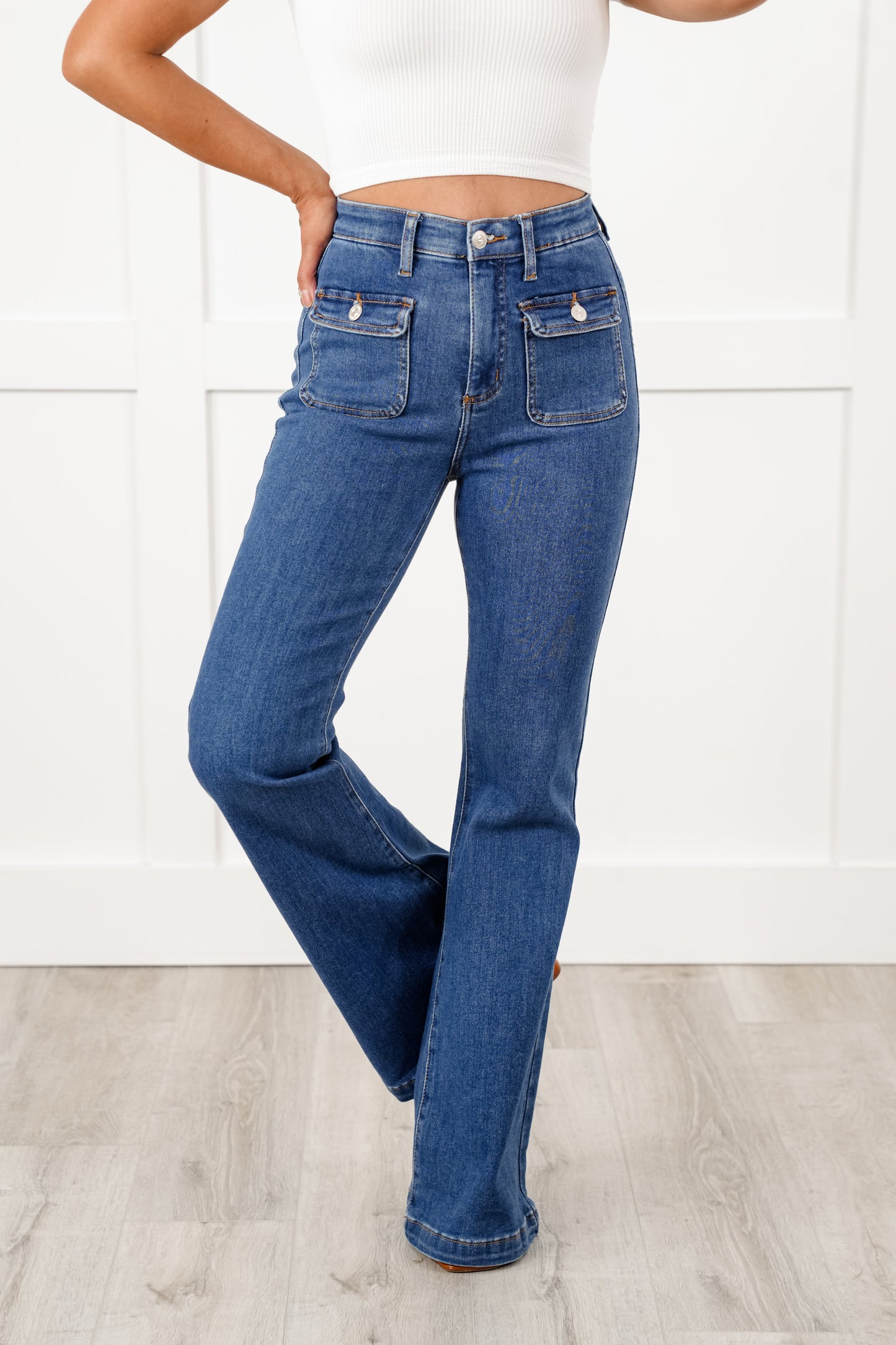 Special A High Rise Medium Wash Tummy Control Flare Jeans with Patch Pockets