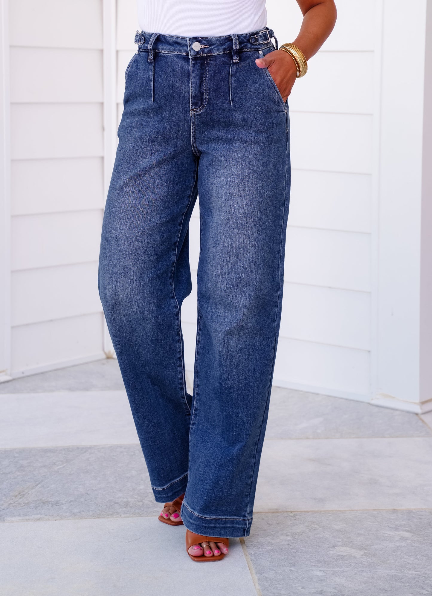 Risen High Rise Medium Wash Adjustable Waistband Wide Leg Pleated Jeans