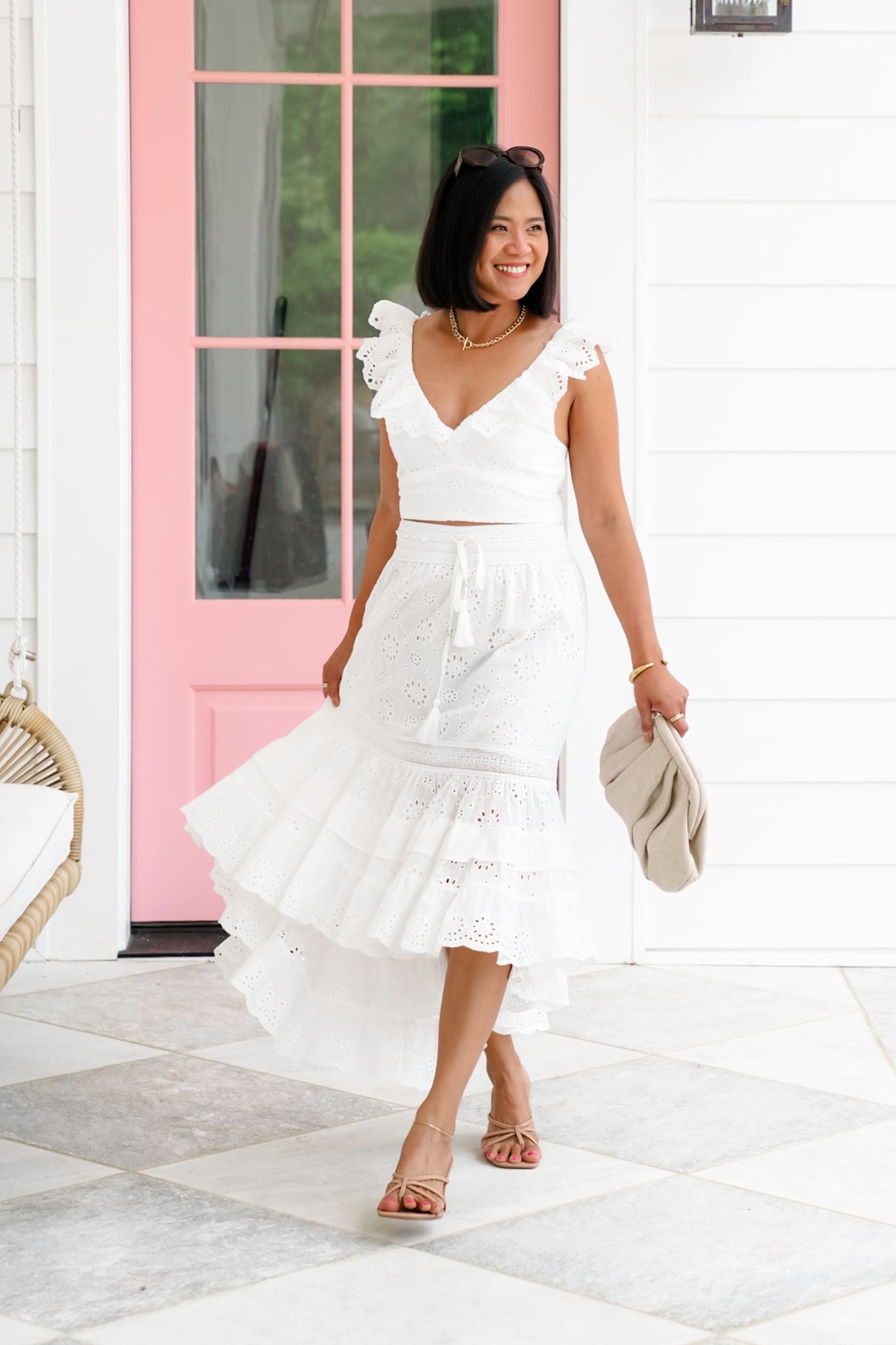 White Eyelet Ruffle Sleeve Crop Top and Hi-Low Skirt Set