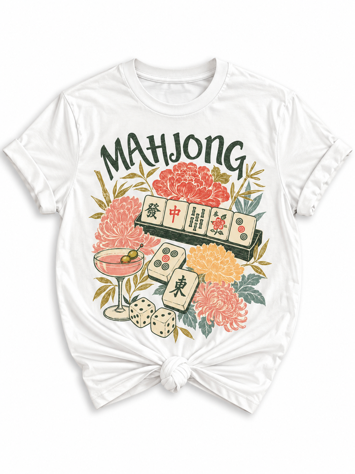 Plus/Reg Short Sleeve Vintage Mahjong Floral Graphic Tee
