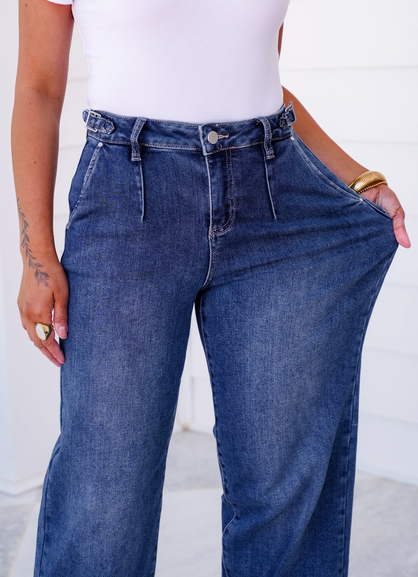 Risen High Rise Medium Wash Adjustable Waistband Wide Leg Pleated Jeans