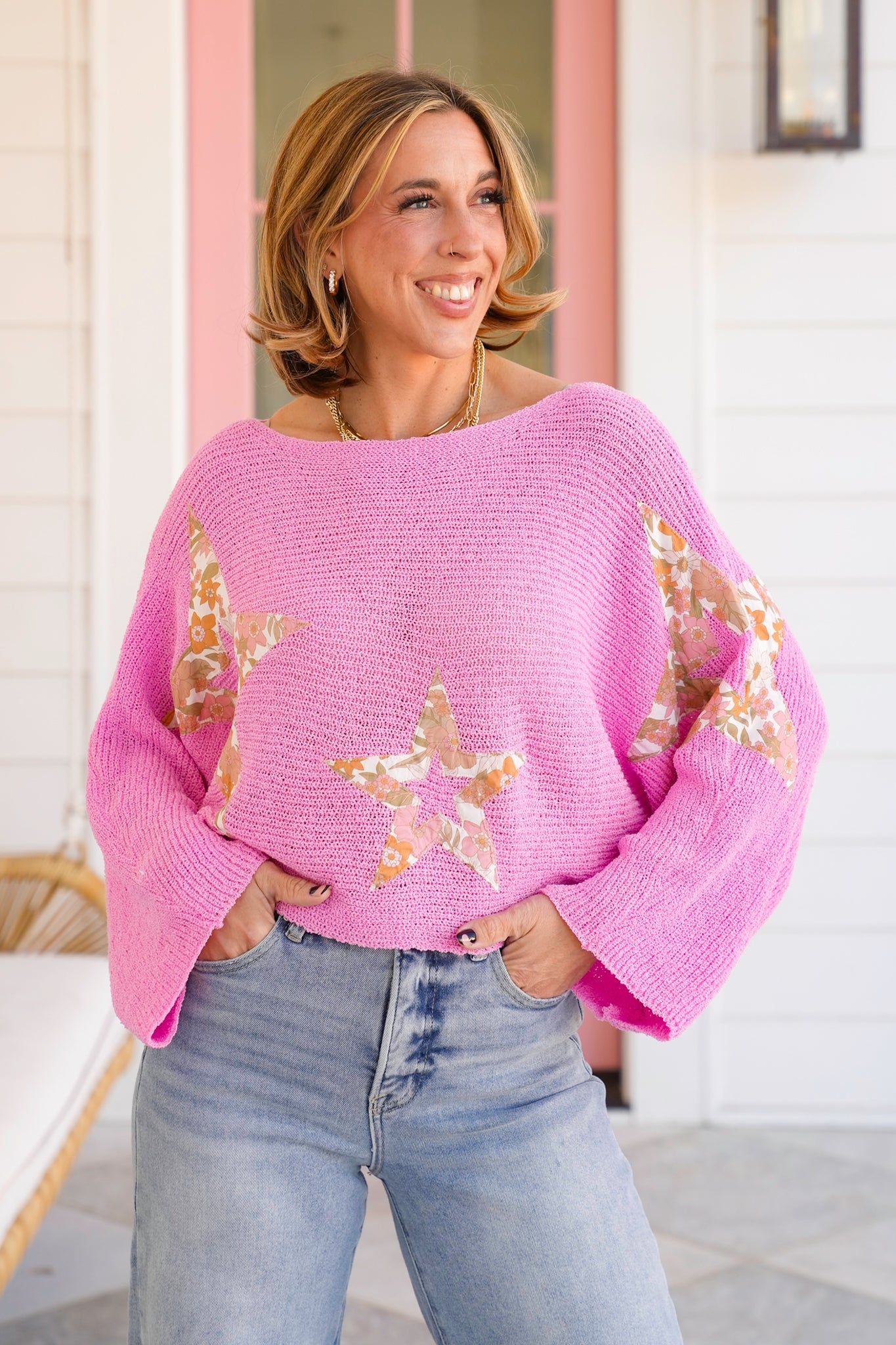 POL Long Dolman Sleeve Cropped Sweater with Floral Star Patch Detail