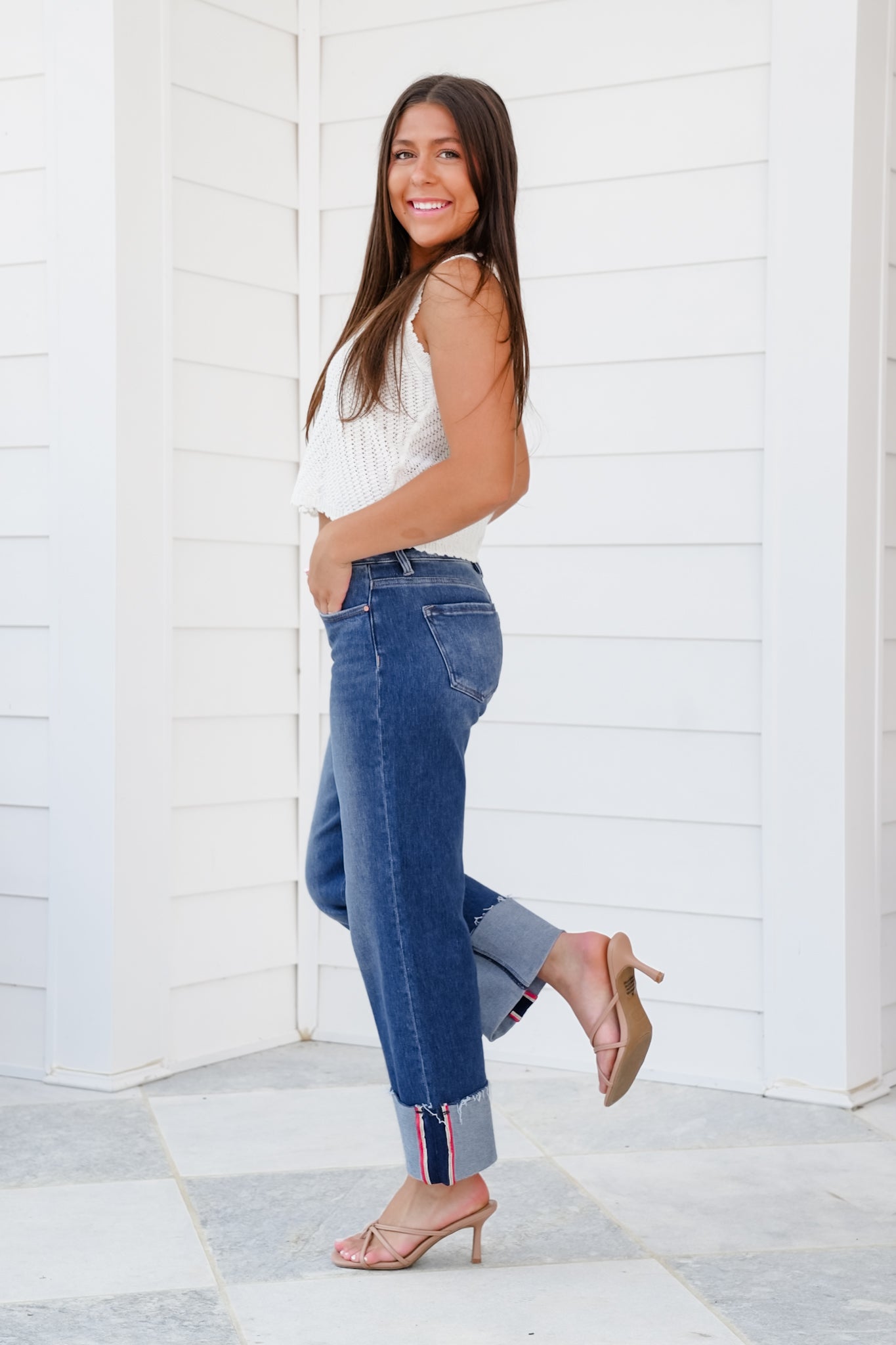 Risen Mid Rise Dark Wash Tummy Control Cropped Wide Leg Cuffed Jeans