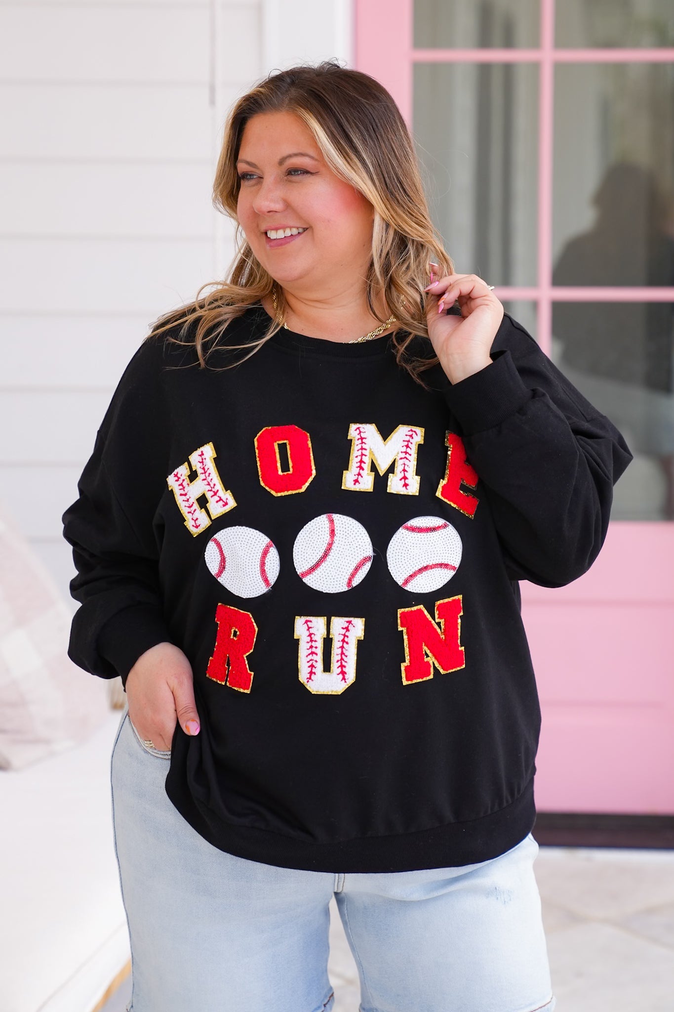 Long Sleeve " Home Run" Baseball Patches Pullover Sweatshirt with Sequin Detail