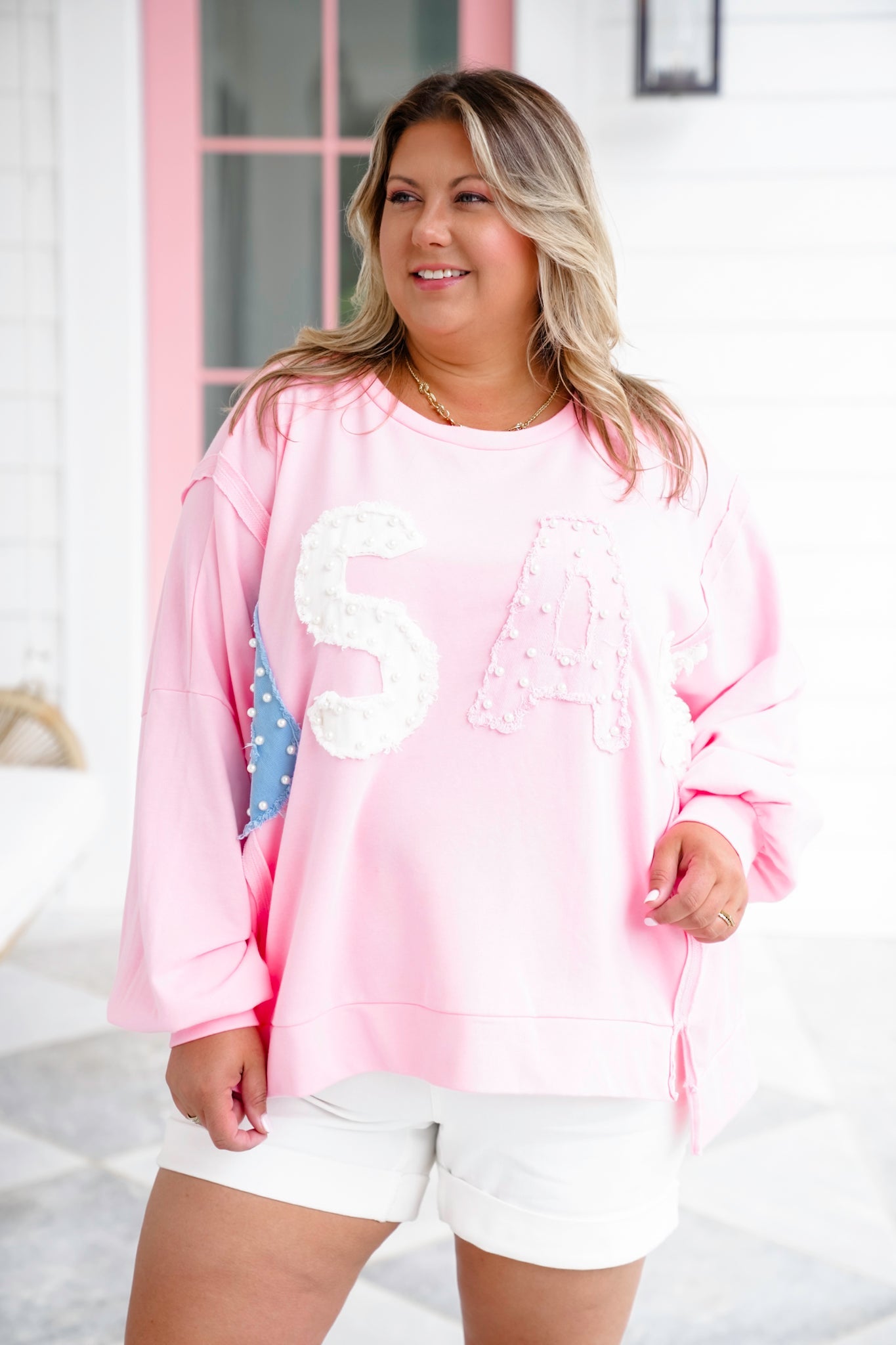 Long Sleeve "USA" Patch Pullover with Pearl Detail