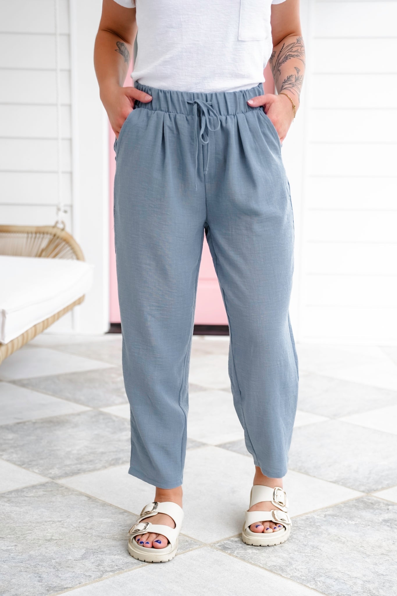 Door Buster! Zenana Woven Crepe Drawstring Elasticband Waist Pants
