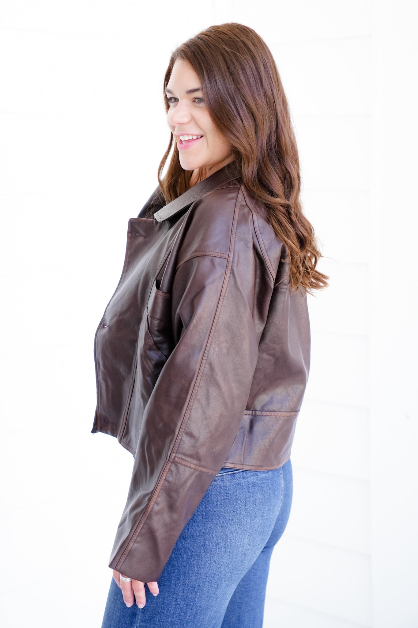 Washed Brown Vegan Leather Long Sleeve Jacket