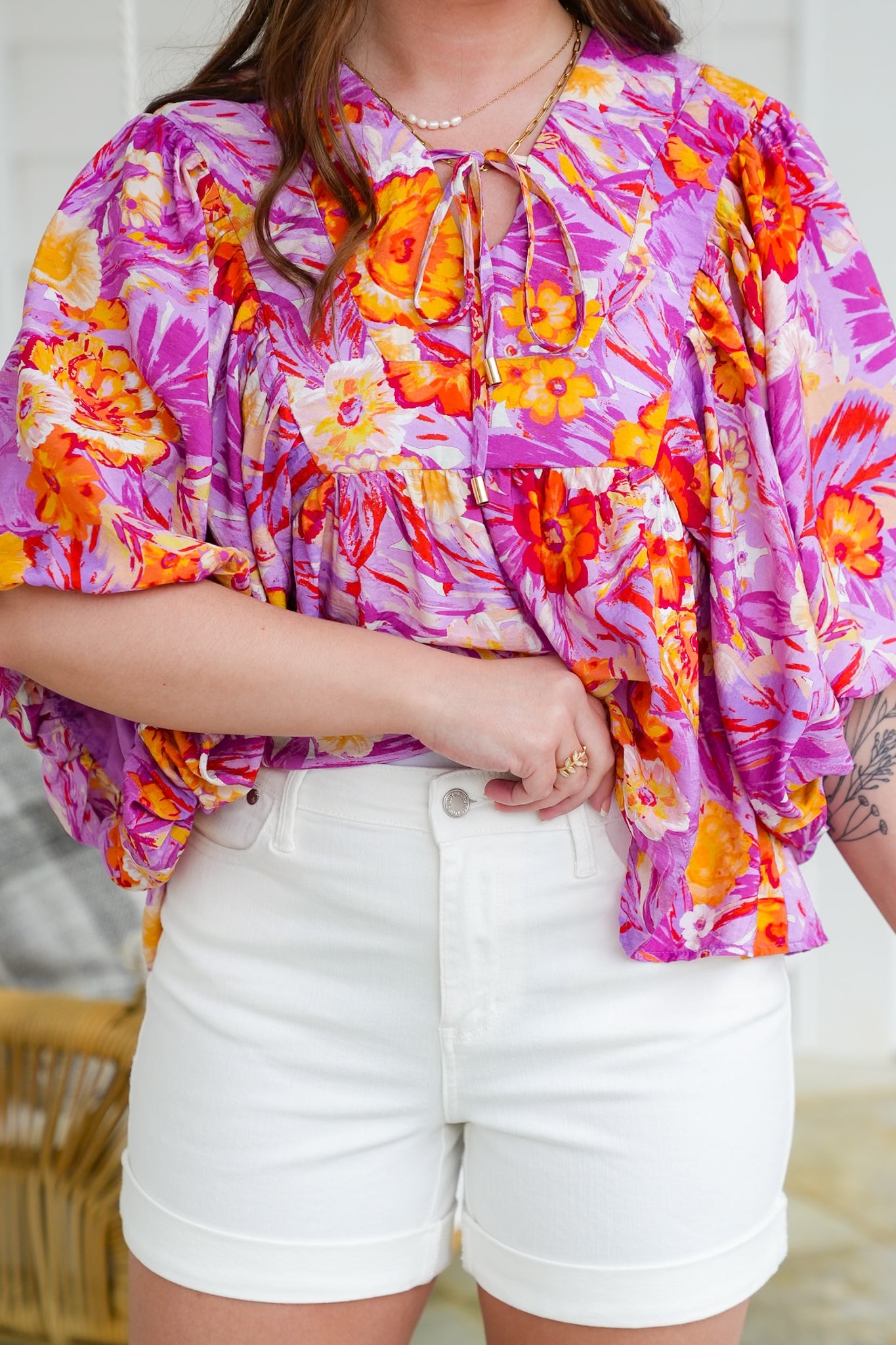 Plus/Reg Tropical Floral Print Dolman Sleeve V Neck Top