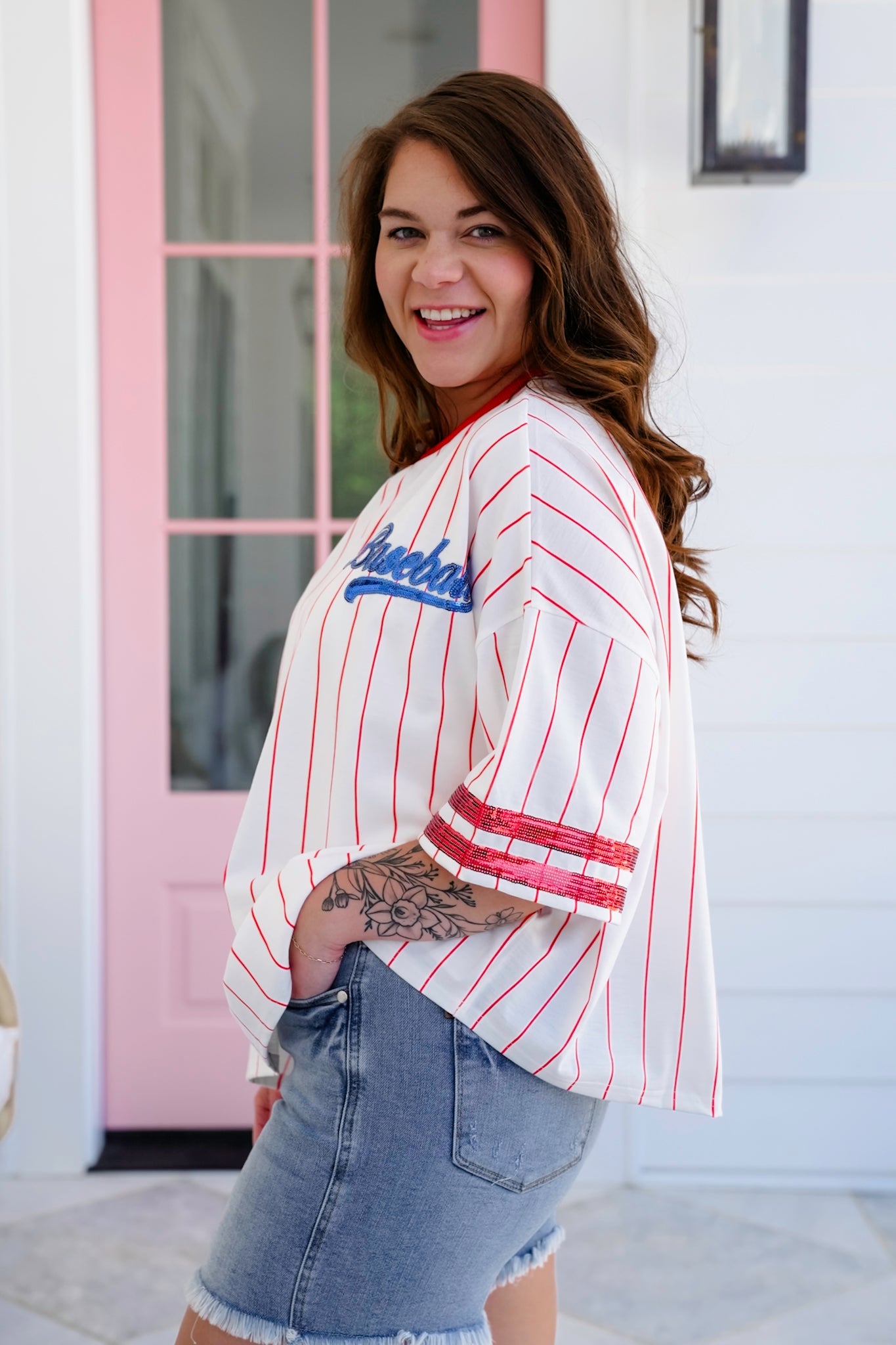Stripe Short Sleeve Baseball Top with Sequin Detail