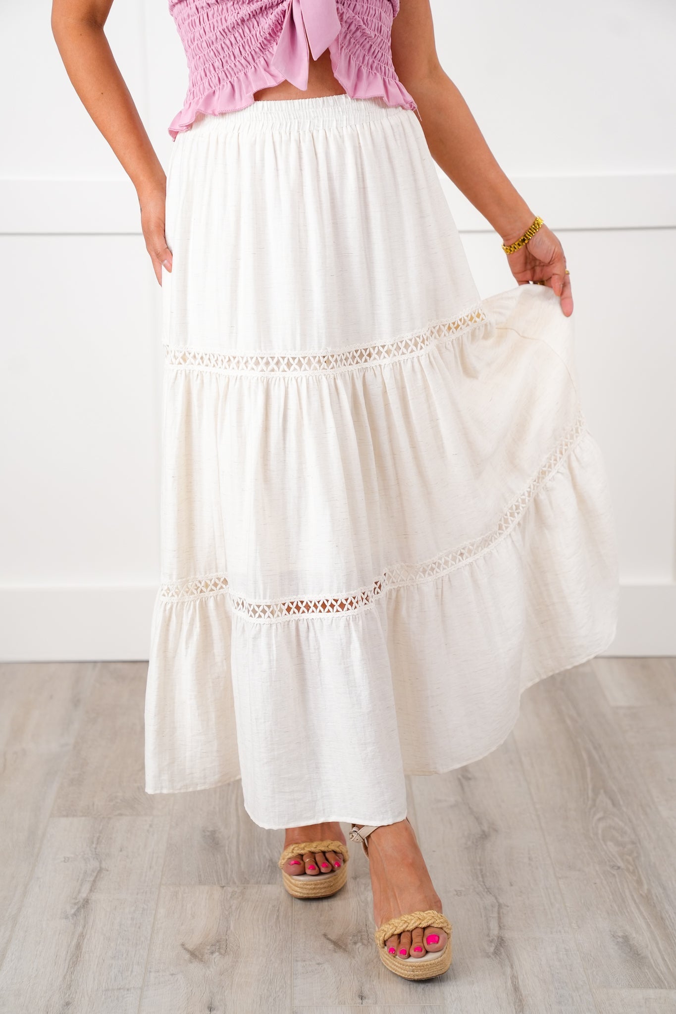 Linen Blend Elastic Waist Midi Skirt with Crochet Detail
