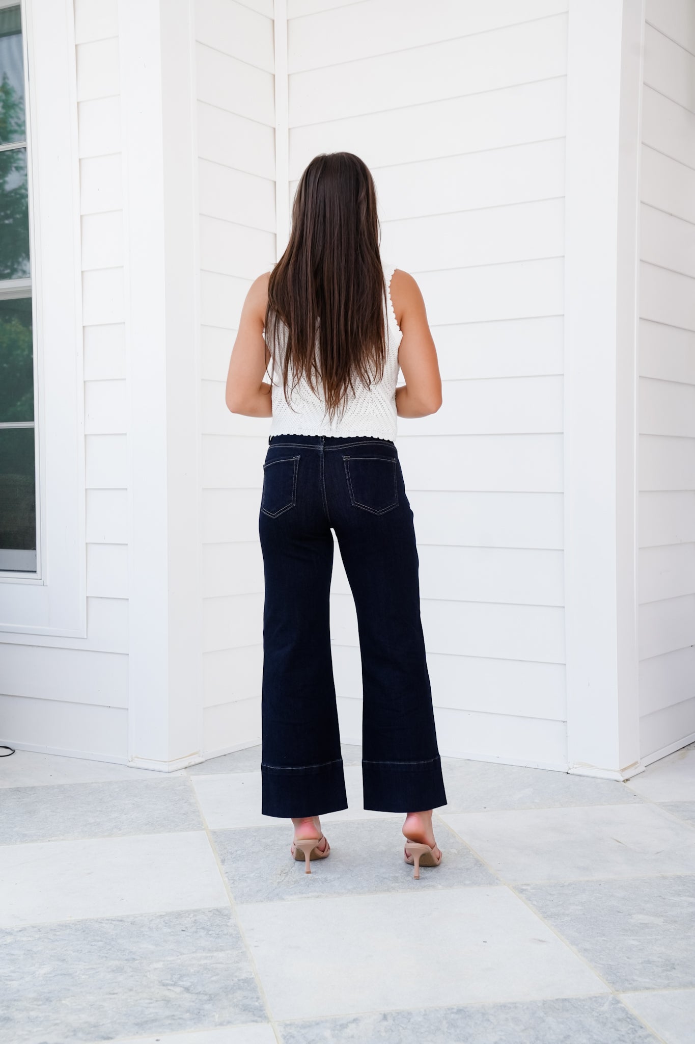Risen High Rise Dark Wash Tummy Control Cropped Wide Leg Jeans with Seam Detail