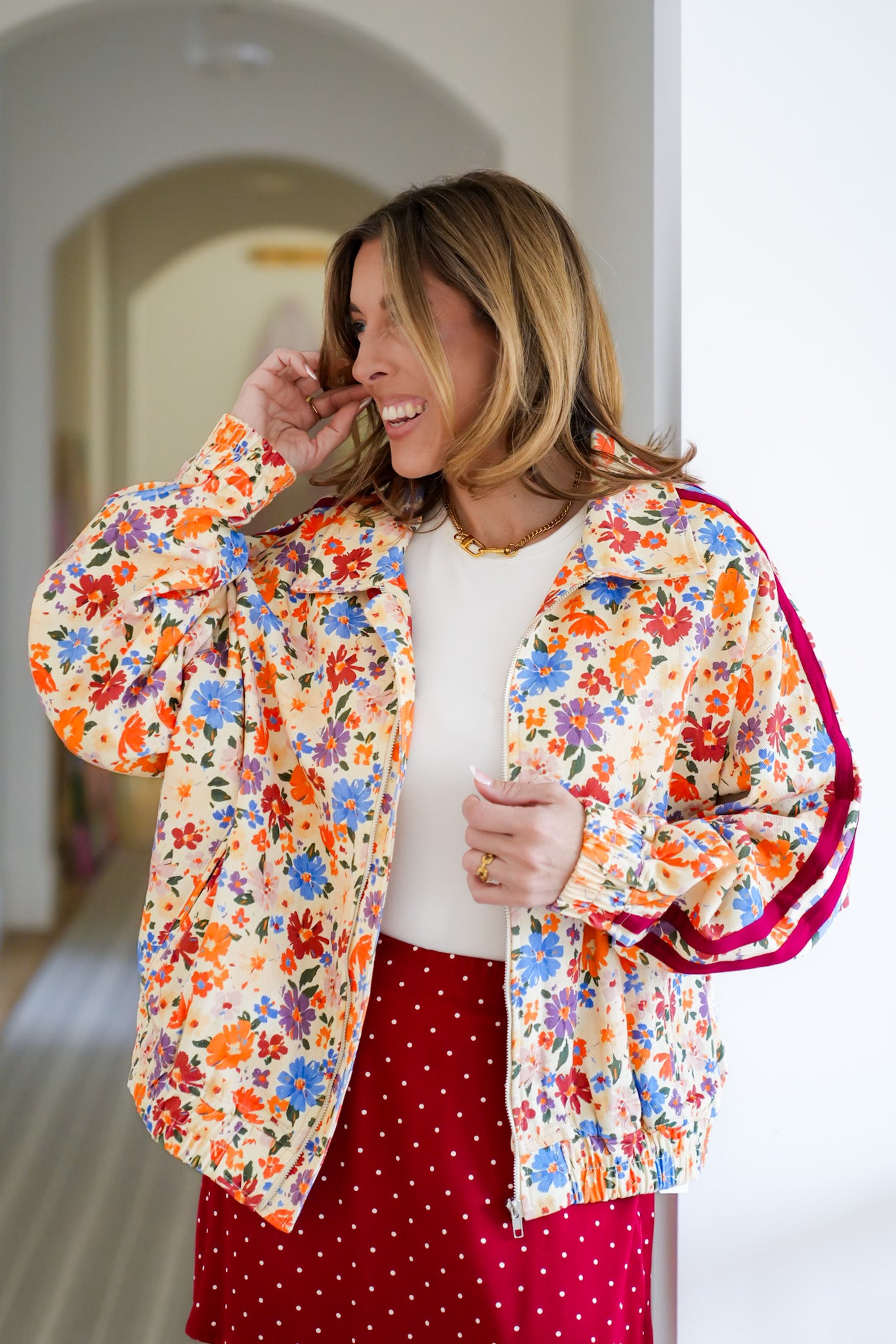 Plus/Reg Floral Long Sleeve Zip-Up Bomber Jacket