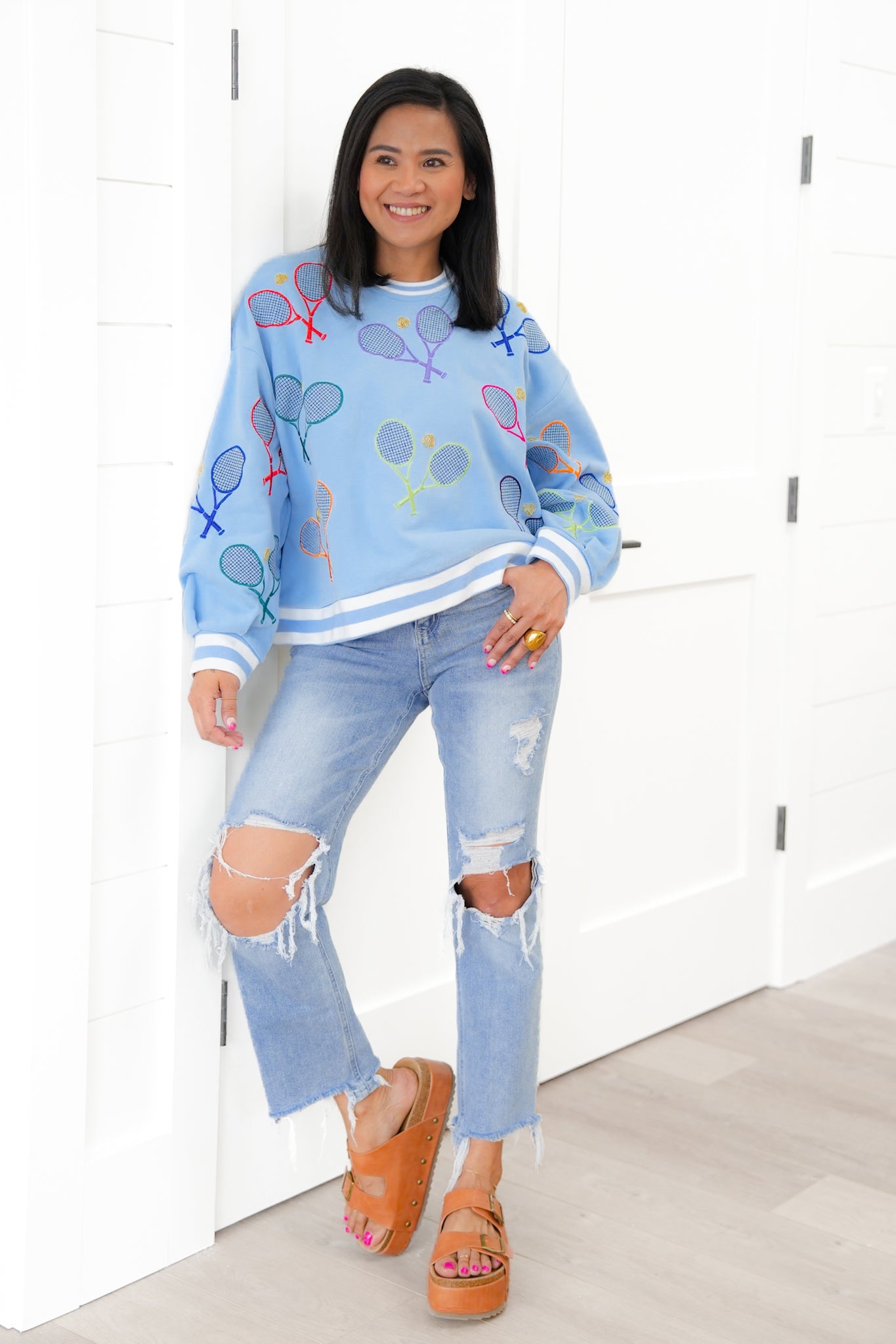 Plus/Reg Queen Of Sparkles Long Sleeve Sweatshirt With Tennis Detail