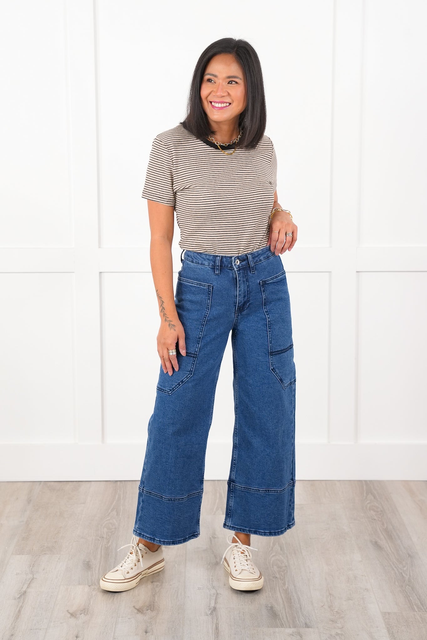 Special A High Rise Dark Wash Cropped Wide Leg Jeans with Extra Large Pockets