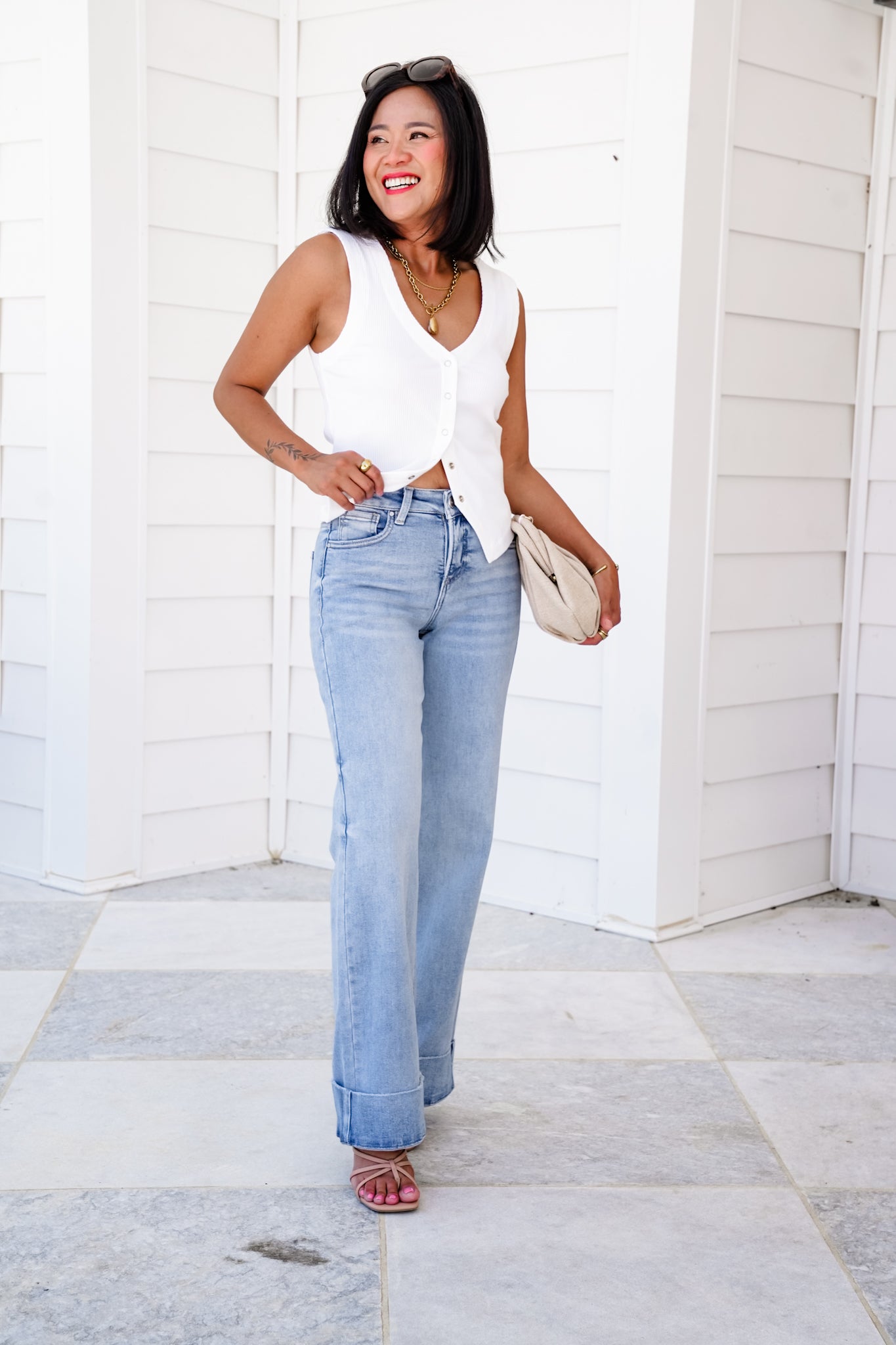 Risen High Rise Light Wash Tummy Control Cuffed Wide Leg Jeans