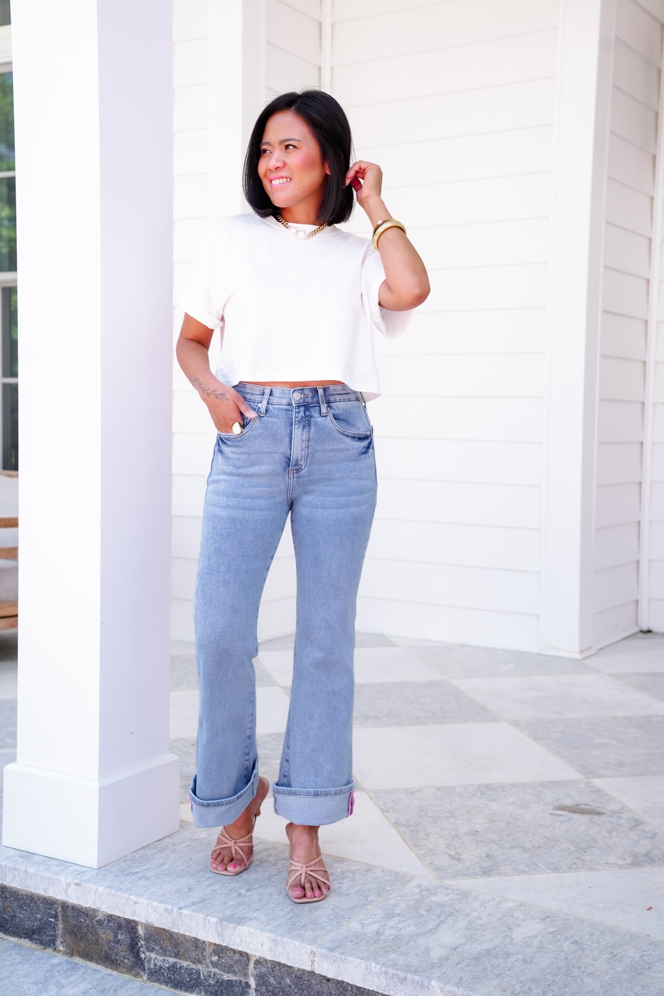 Saige High Rise Light Wash Cuffed Kick Flare Jeans