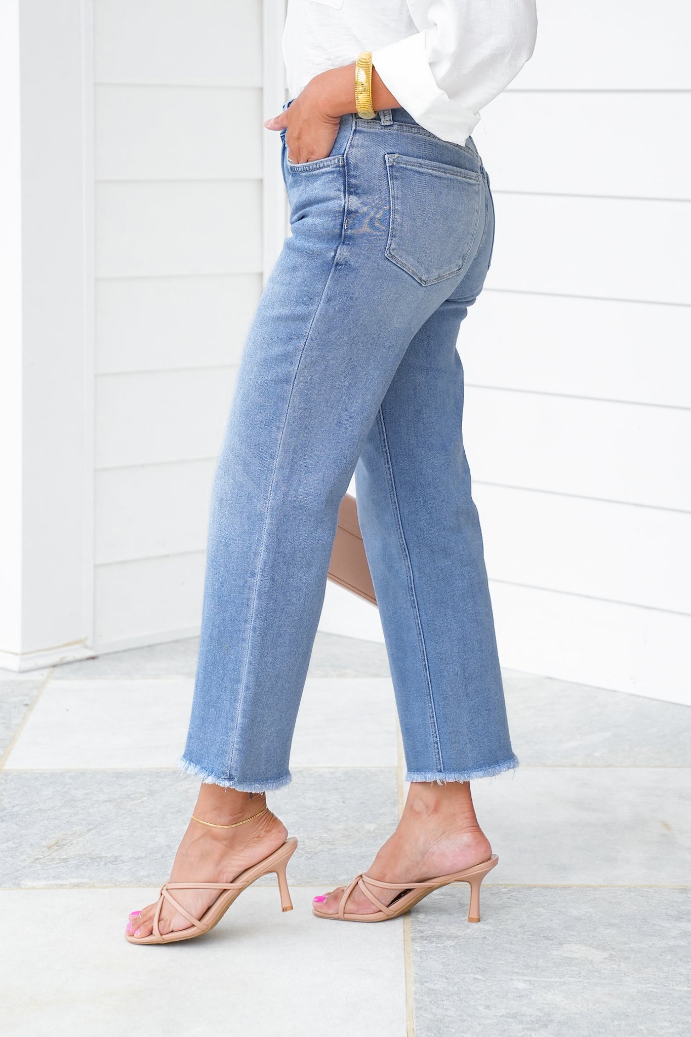 Lovervet High Rise Medium Wash Cropped Slim Wide Leg Jeans