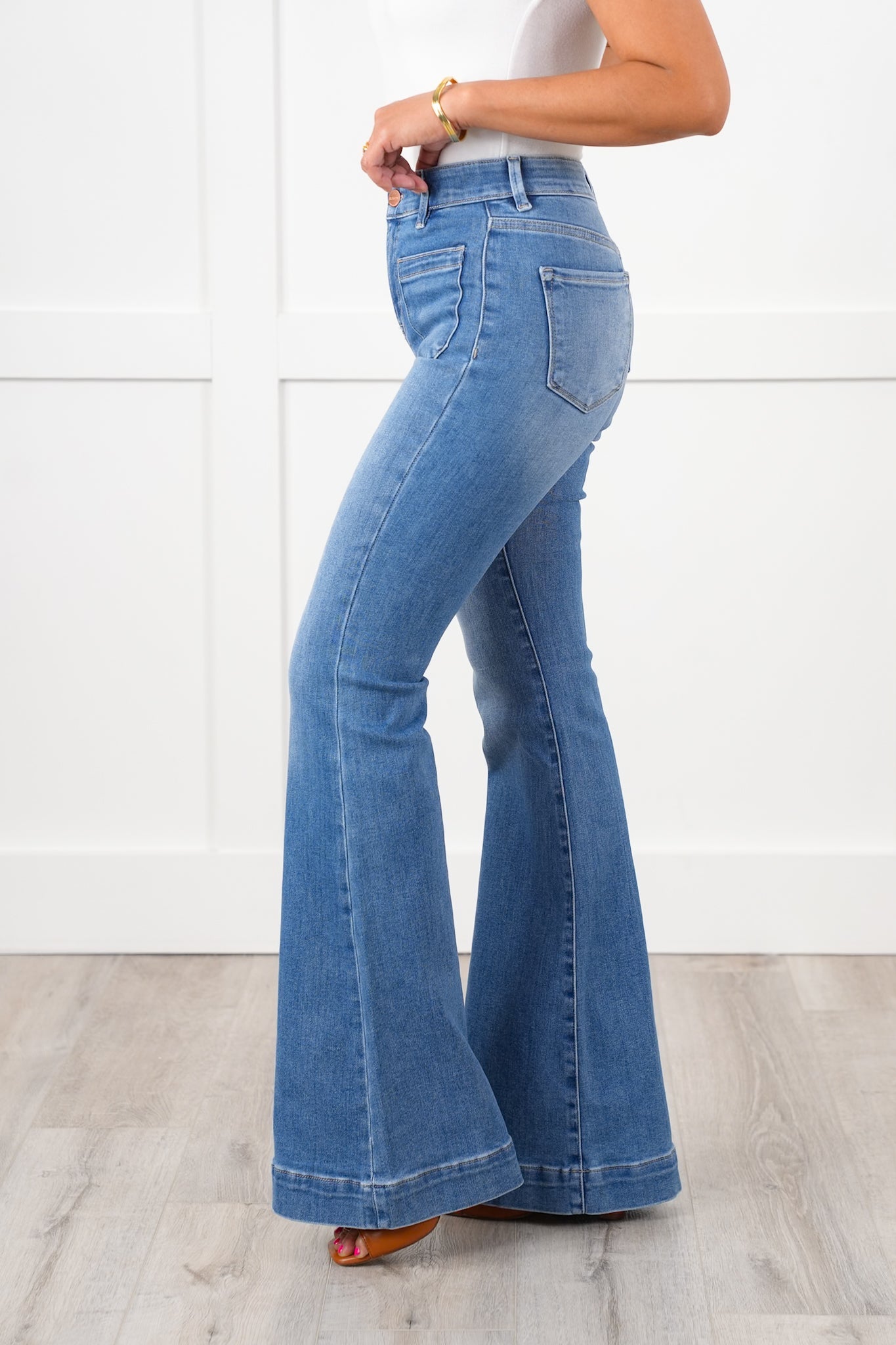 Risen High Rise Medium Wash Elastic Waistband Flare Front Patch Pocket Jeans
