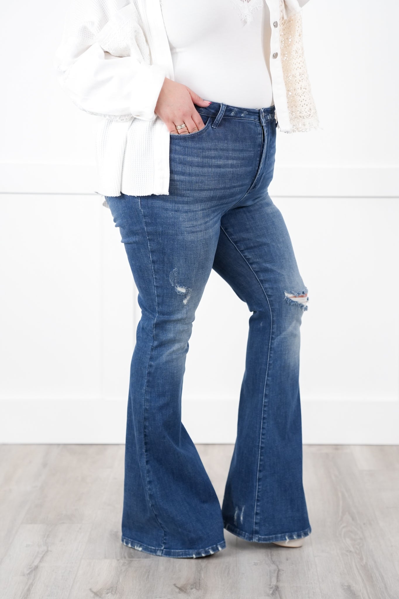 Judy Blue High Rise Dark Wash with Contrast Distressed Flare Jeans