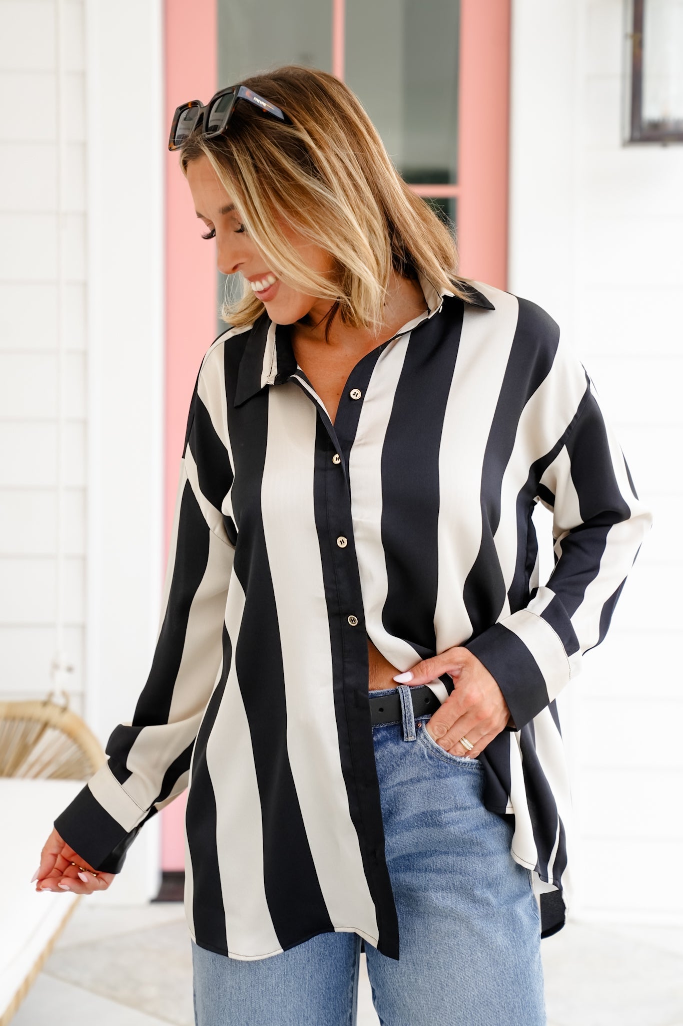 Satin Stripe Long Sleeve Button Down Blouse