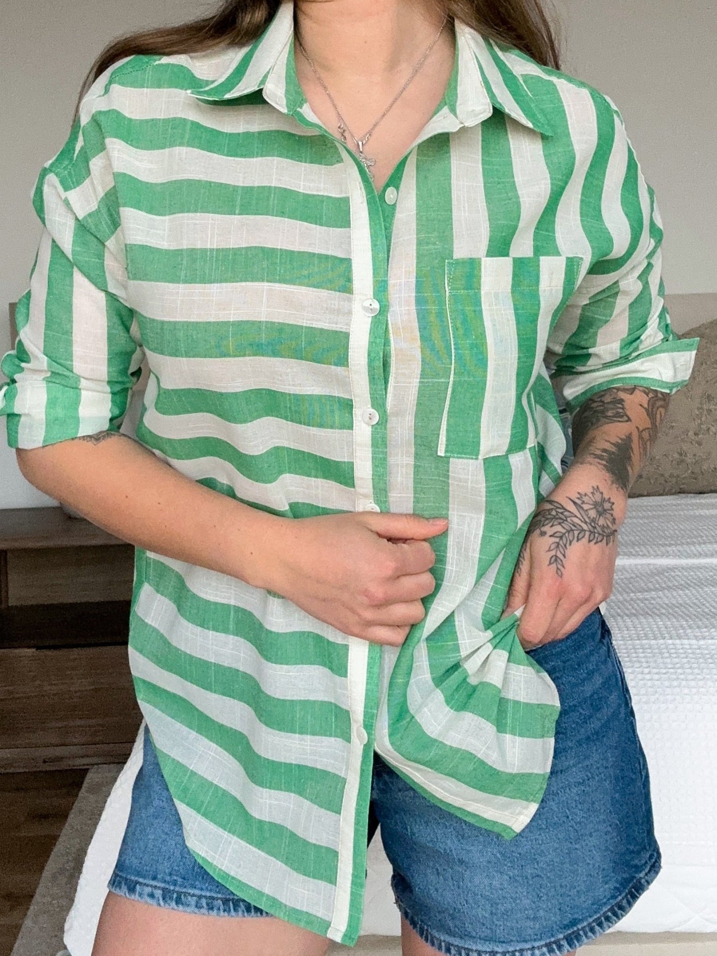 Striped Long Sleeve Button Down Collared Top - Freckled Poppy
