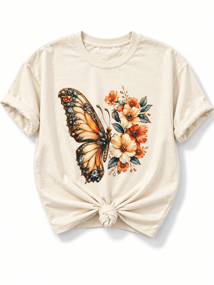 Plus/Reg Short Sleeve Jewel Butterfly Graphic Tee - Freckled Poppy