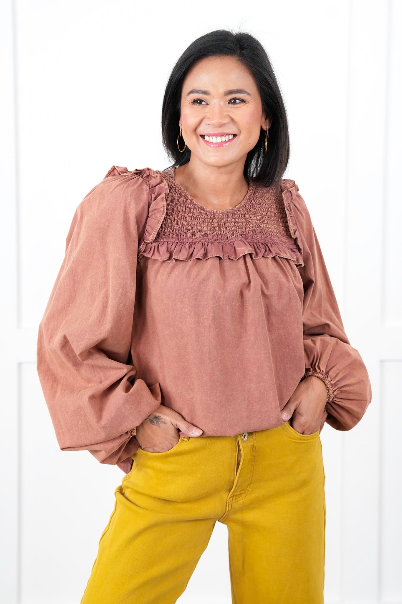 Plus/Reg Mineral Wash Long Sleeve Smocked Neck Top