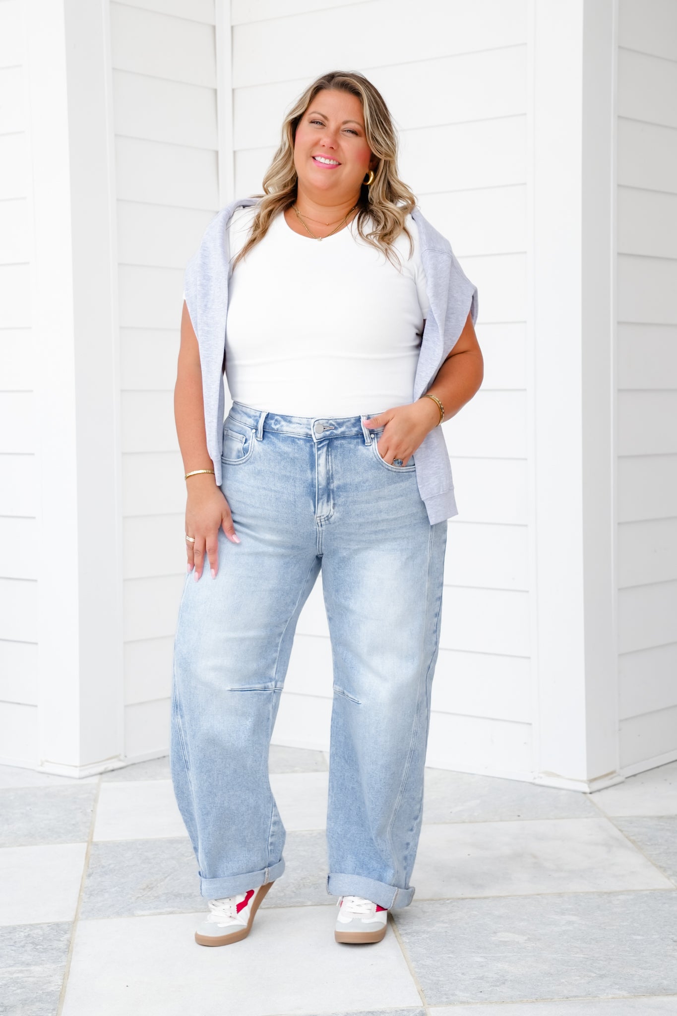 Risen High Rise Light Wash Boyfriend Cuffed Barrel Jeans