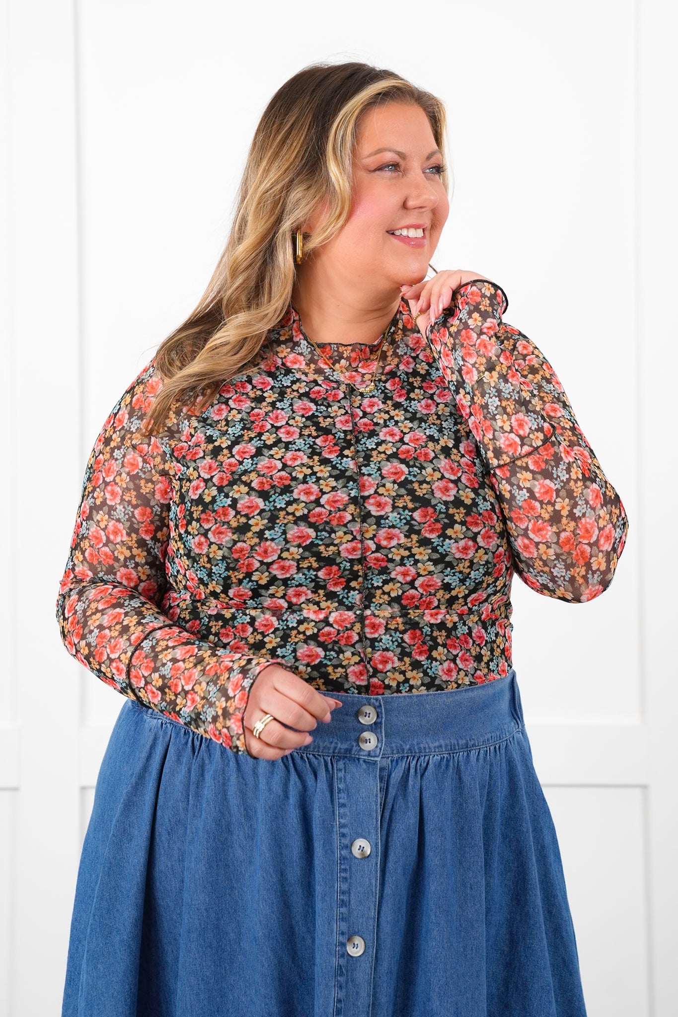 Restock! Plus/Reg Floral Mesh Long Sleeve Mock Neck Top