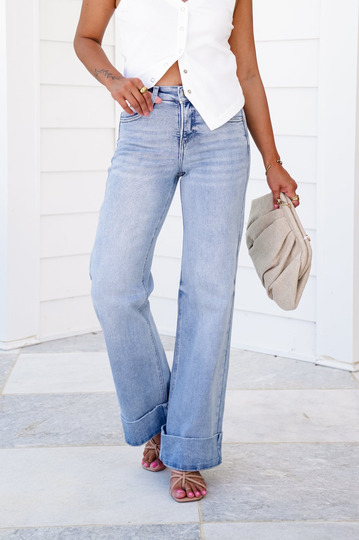 Risen High Rise Light Wash Tummy Control Cuffed Wide Leg Jeans