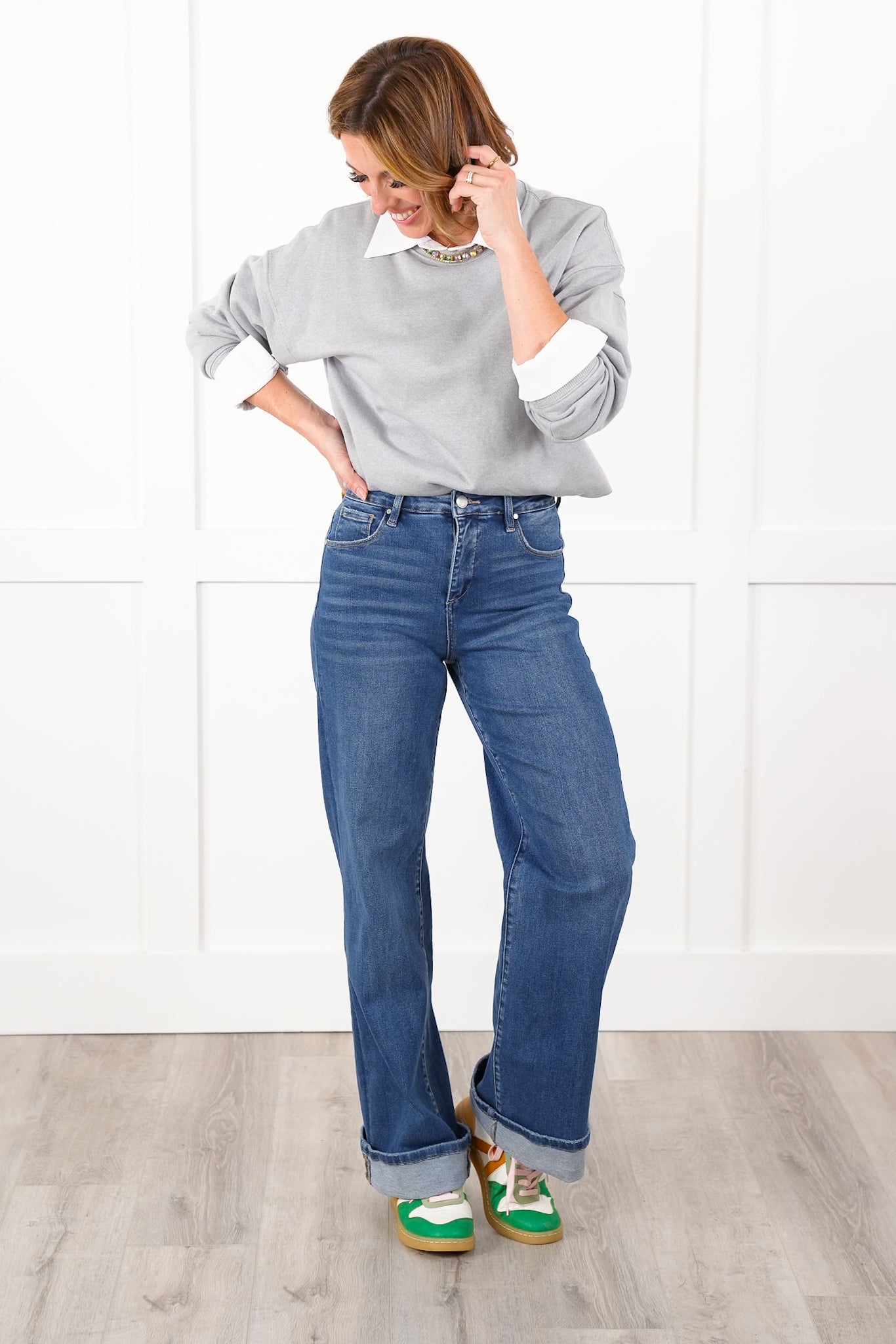 Risen High Rise Dark Wash Tummy Control Wide Leg Long Inseam Cuffed Jeans