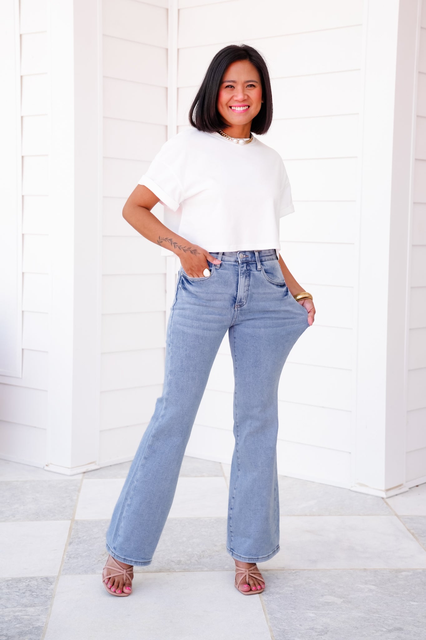 Saige High Rise Light Wash Cuffed Kick Flare Jeans