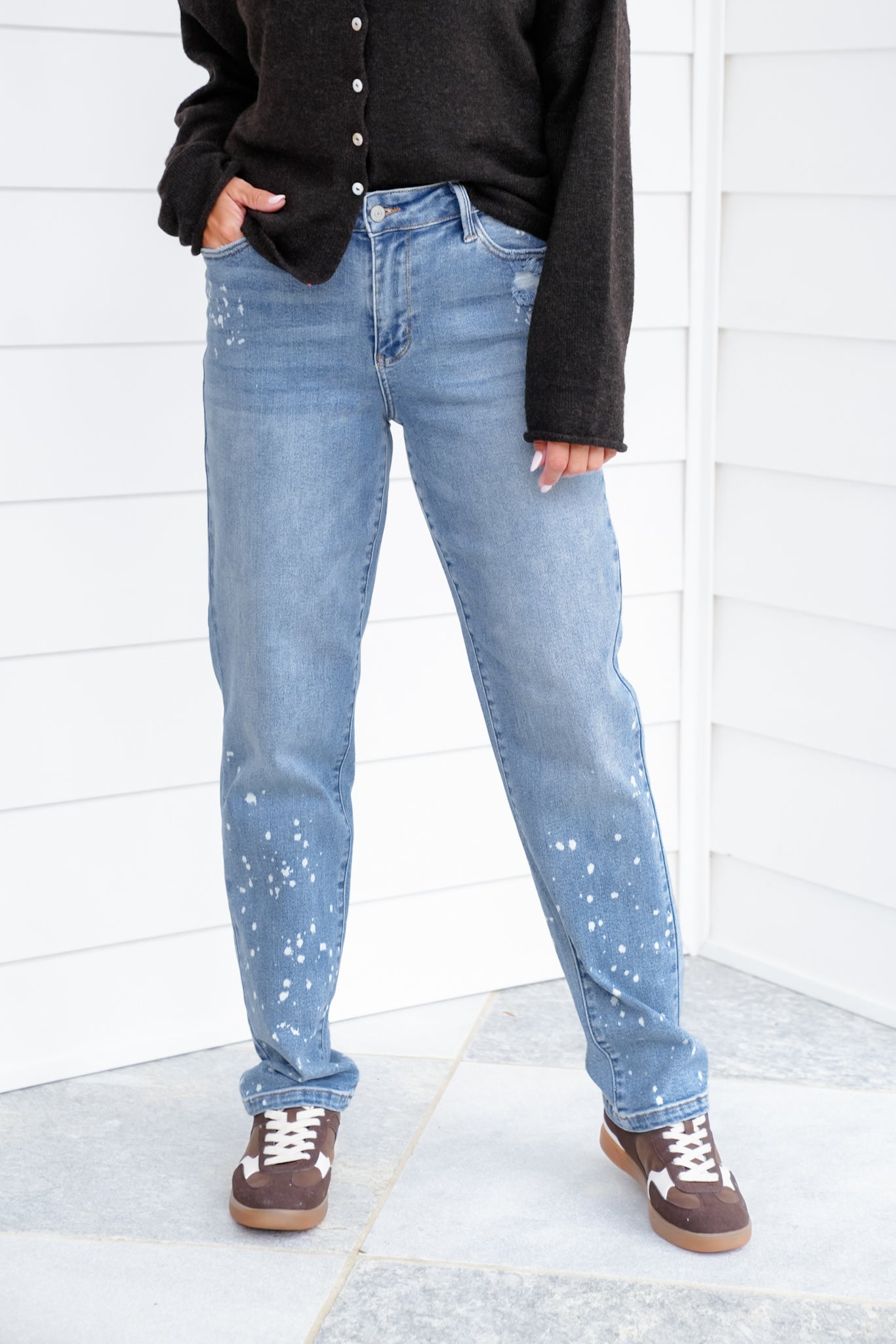 Judy Blue Mid Rise Medium Wash Distressed Bleach Splatter Cuffed Boyfriend Jeans