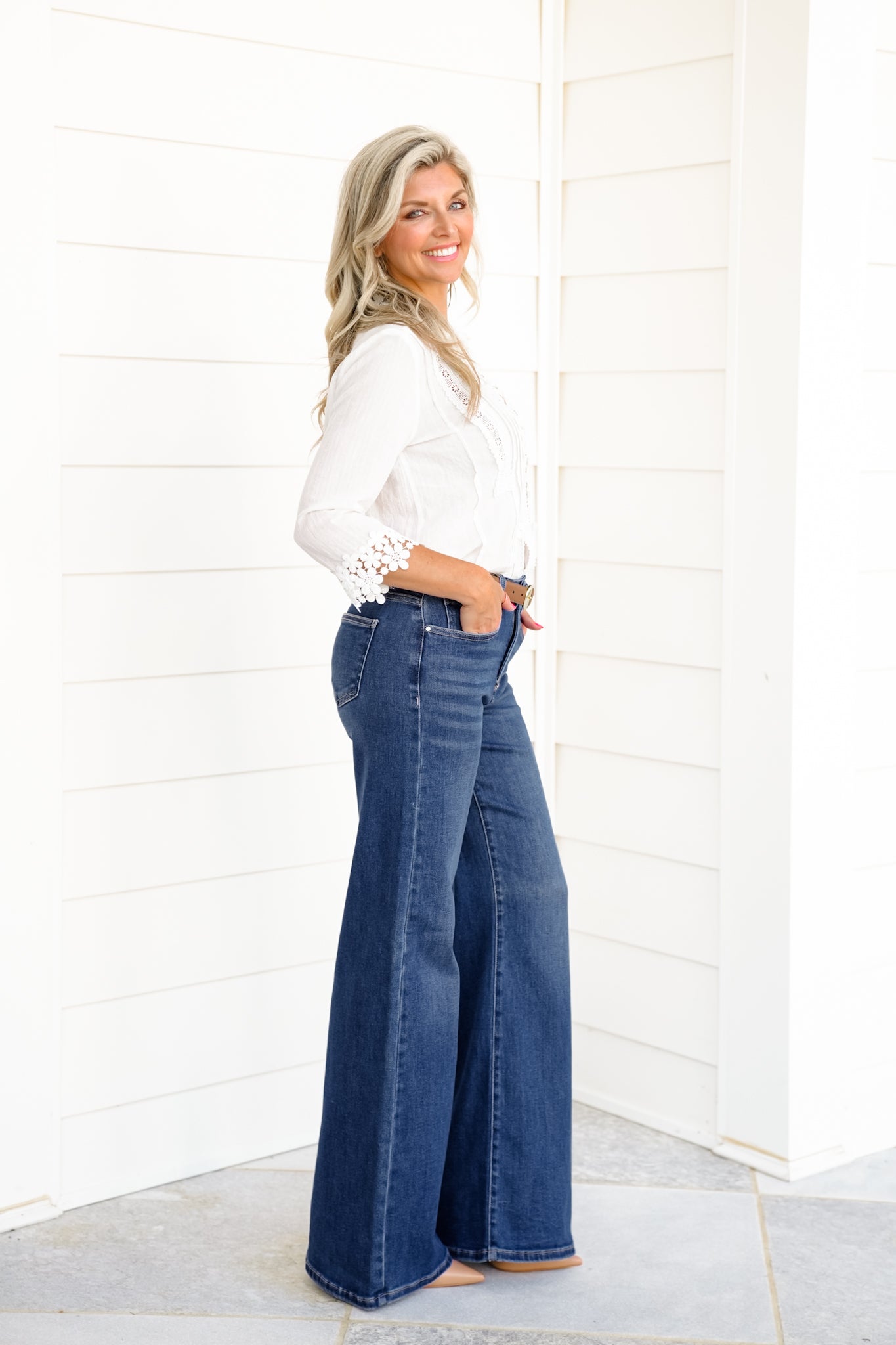 Risen The Opalite High Rise Dark Wash Tummy Control Palazzo Jeans