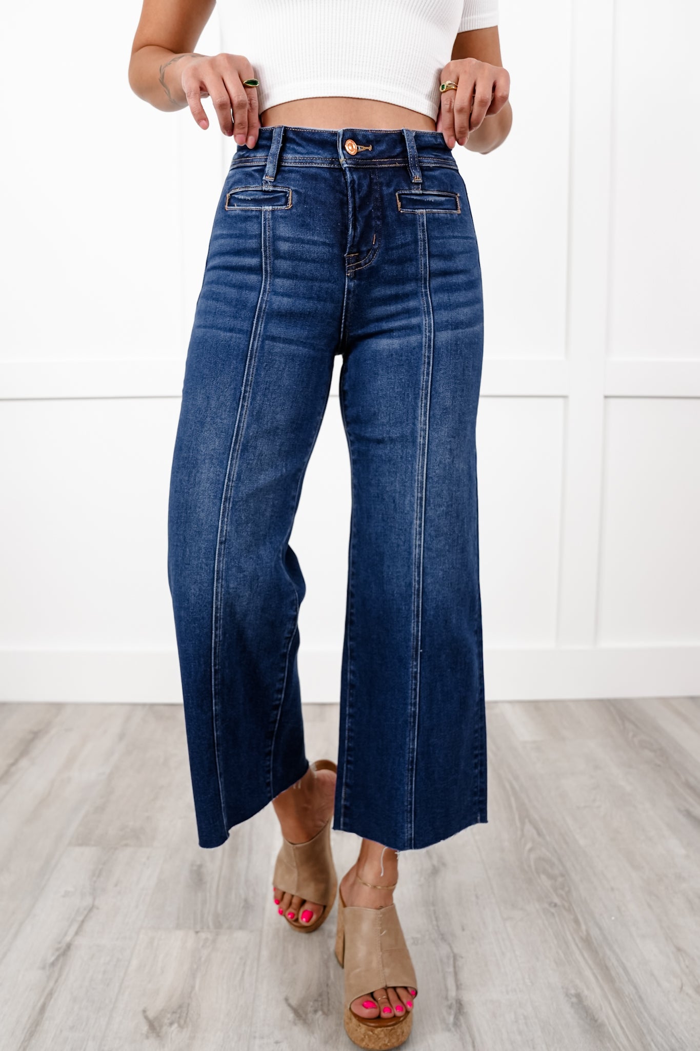 Bayeas High Rise Dark Wash Wide Leg Jeans with Raw Hem