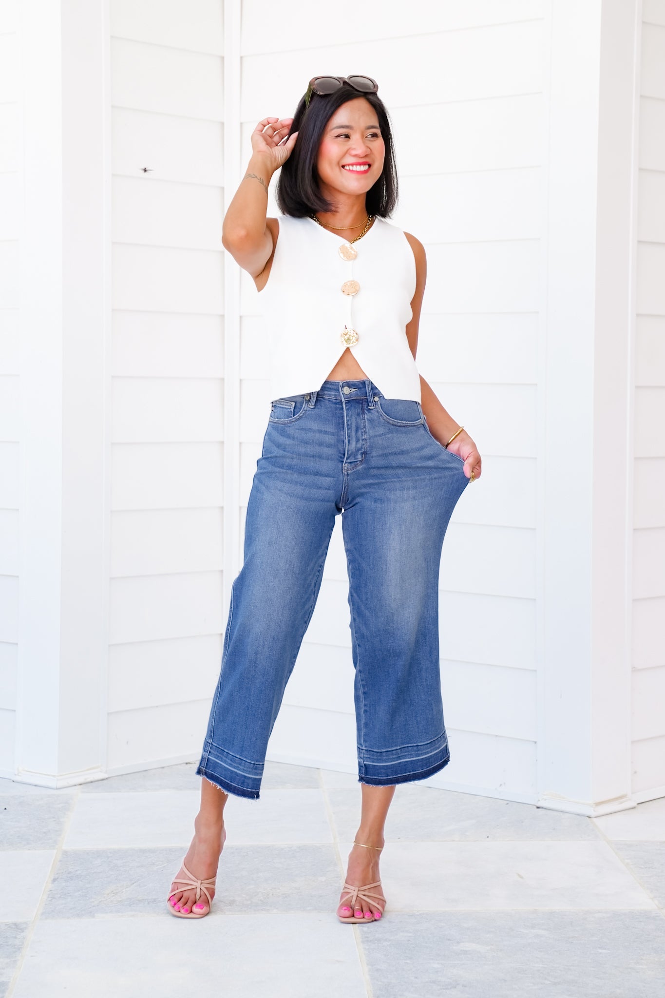 Judy Blue High Rise Medium Wash Tummy Control Cropped Wide Leg Jeans